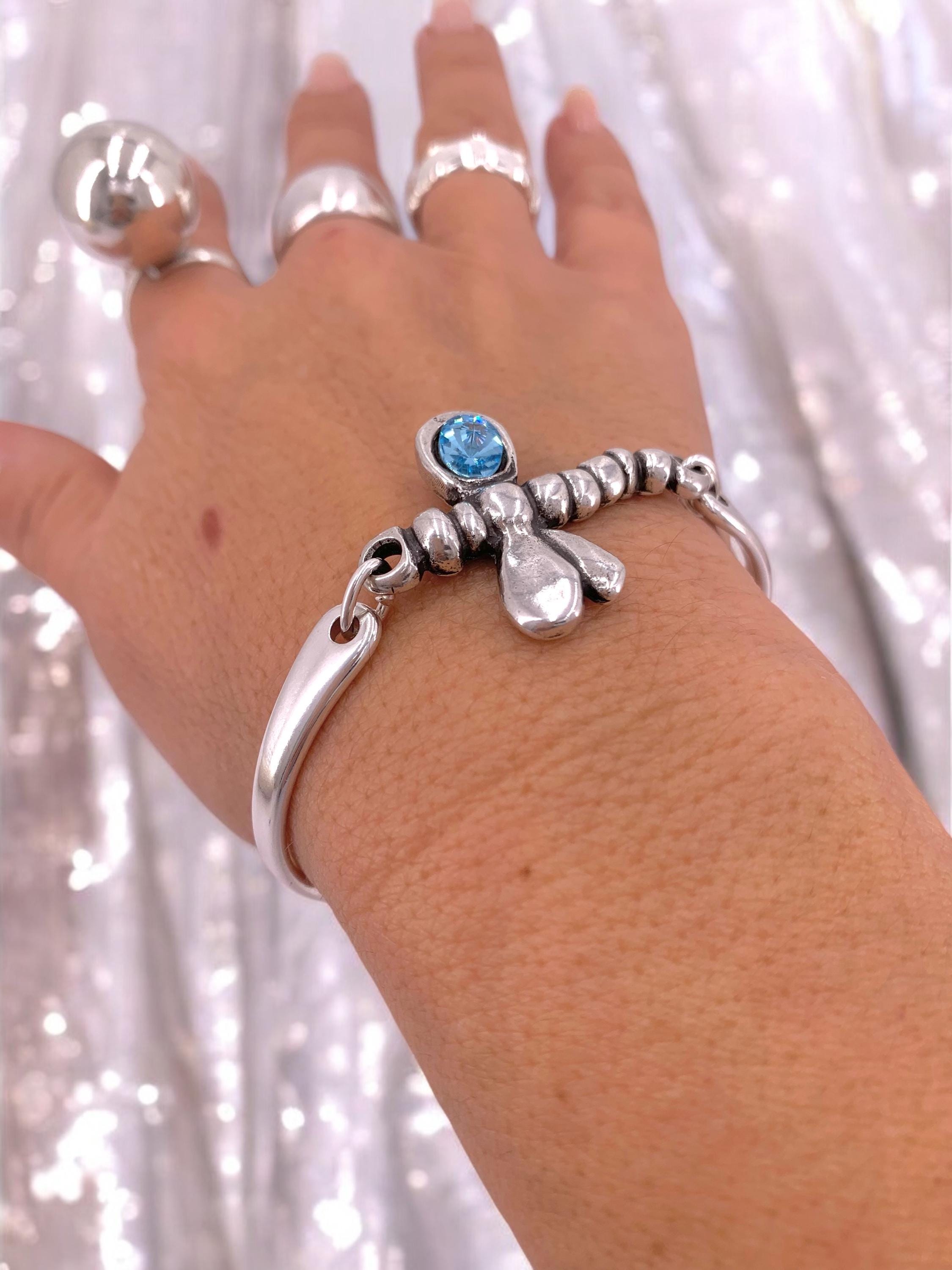 Dragonfly silver cuff Bracelet with Swarovski accent – Adjustable bangle - boho handmade jewelry