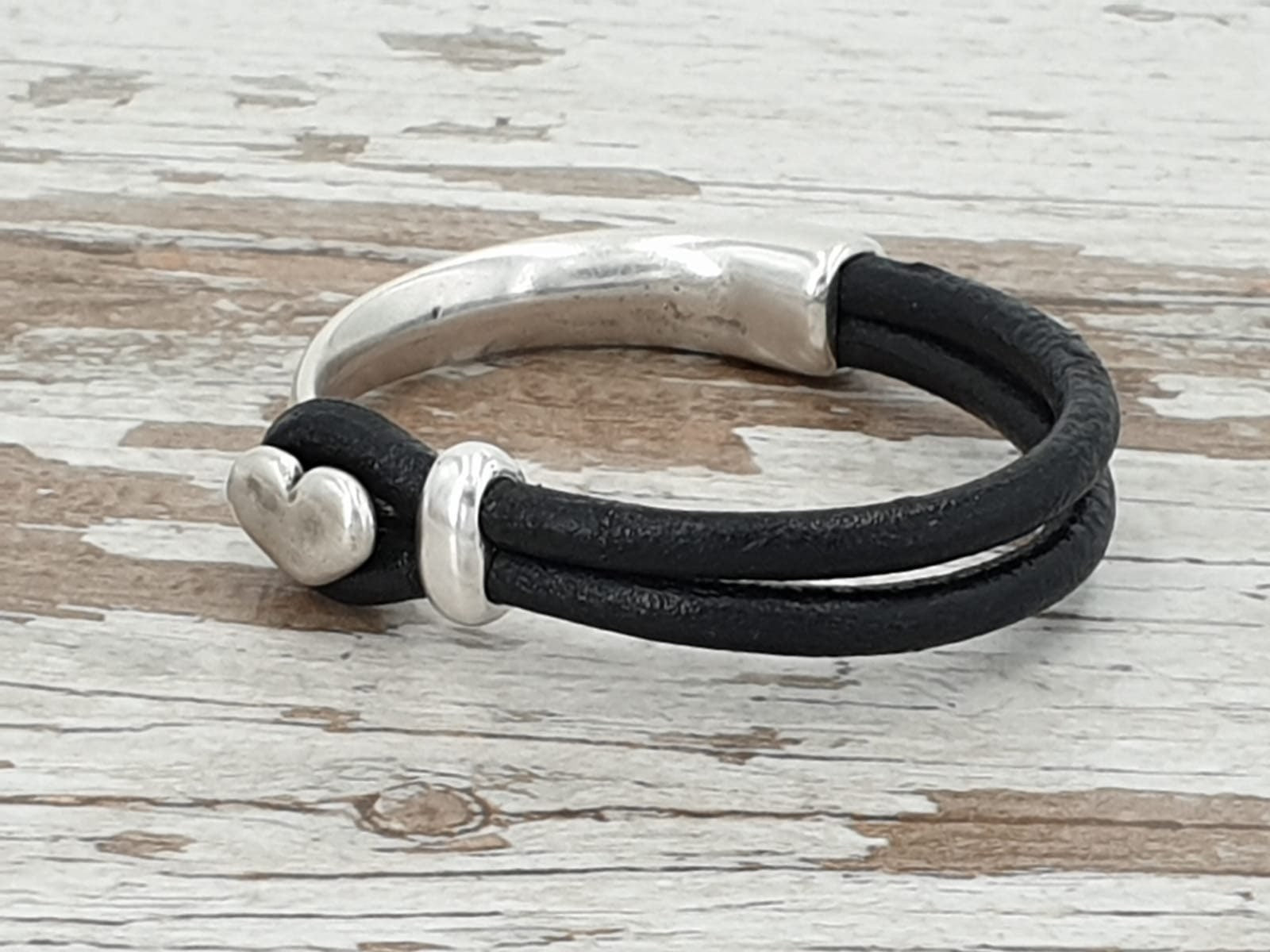 Silver Half Cuff Leather Bracelet with Heart – Bohemian Rigid Bracelet – Handmade Kukuri Jewelry