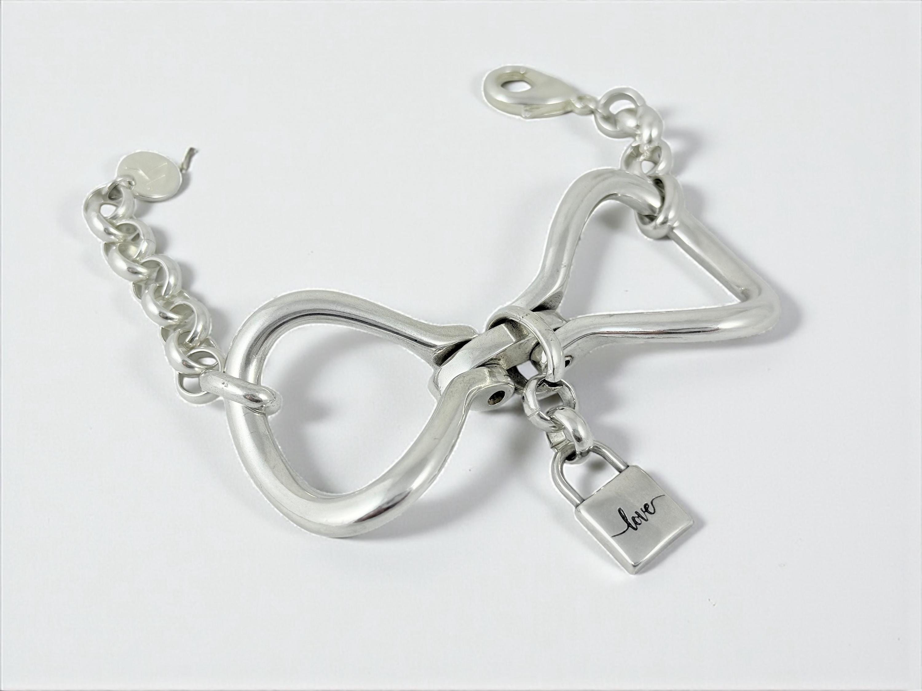 Chunky Silver Bracelet • Sculptural Stirrup‑Shaped Cuff with “Love” Padlock Charm • Bold Handmade Statement Jewelry