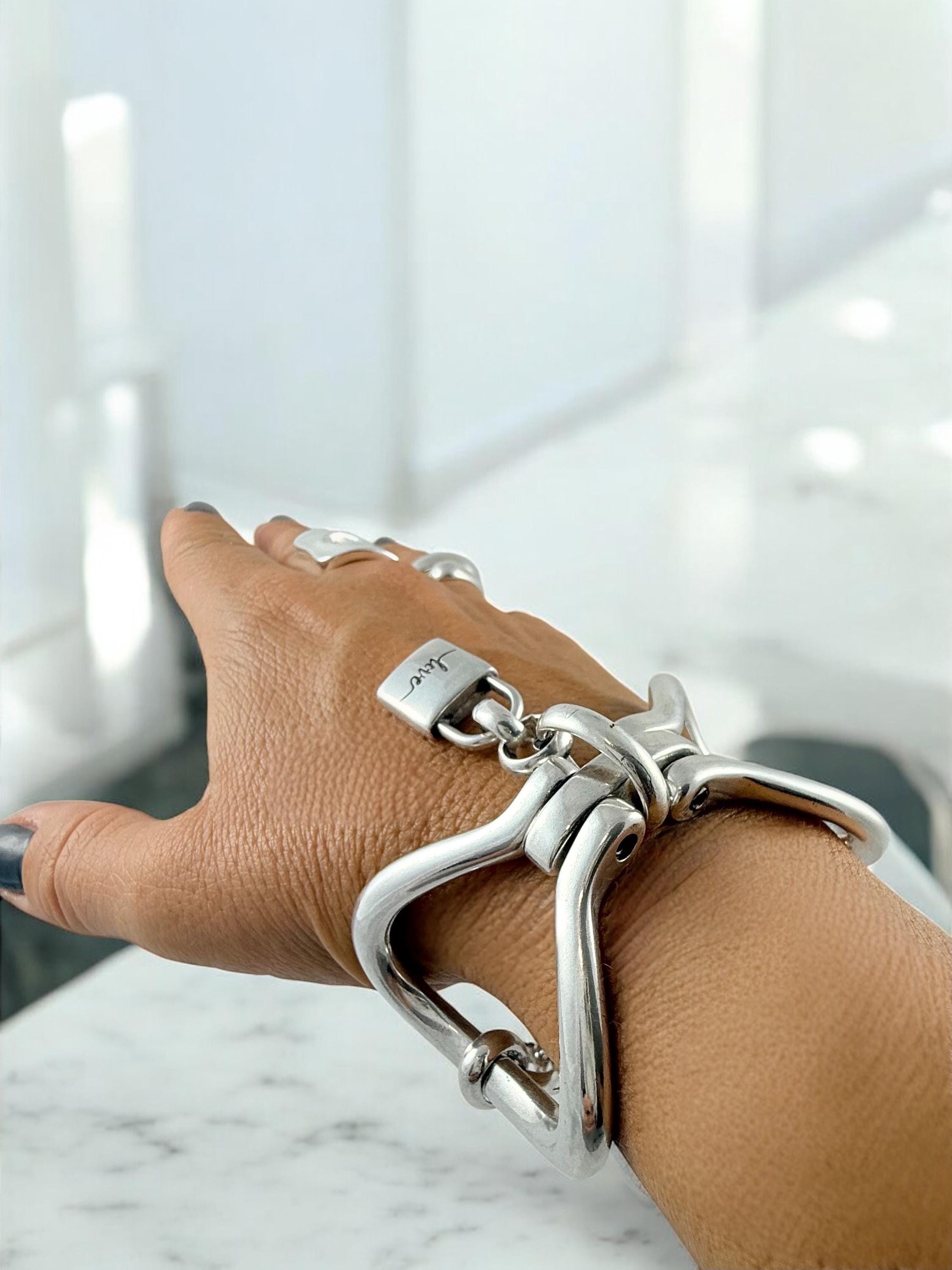 Chunky Silver Bracelet • Sculptural Stirrup‑Shaped Cuff with “Love” Padlock Charm • Bold Handmade Statement Jewelry