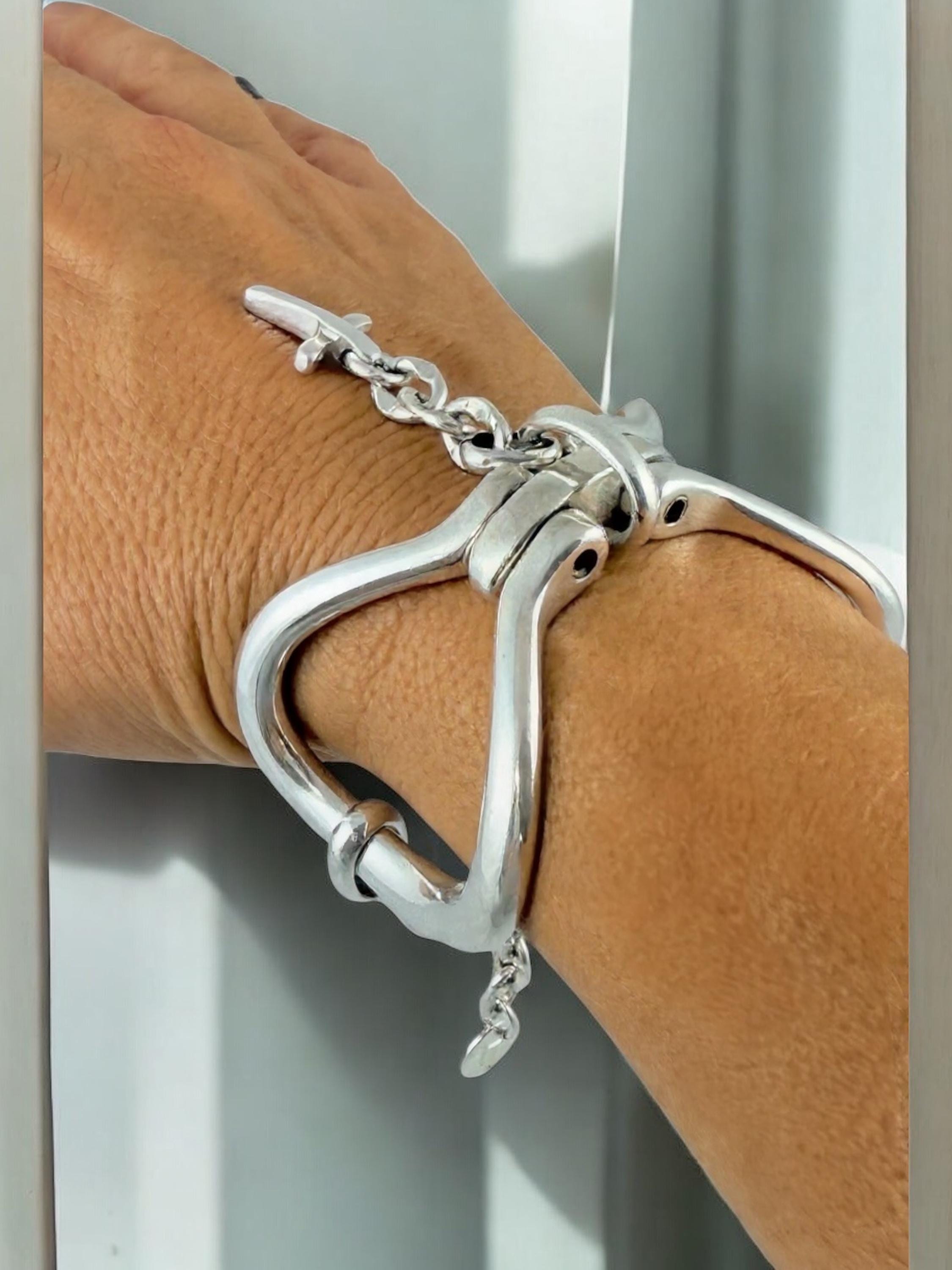 Sculptural Stirrup-Shaped chunky Silver Bracelet – Layered Chains with Cross Charm – Bold Handmade Kukuri Jewelry
