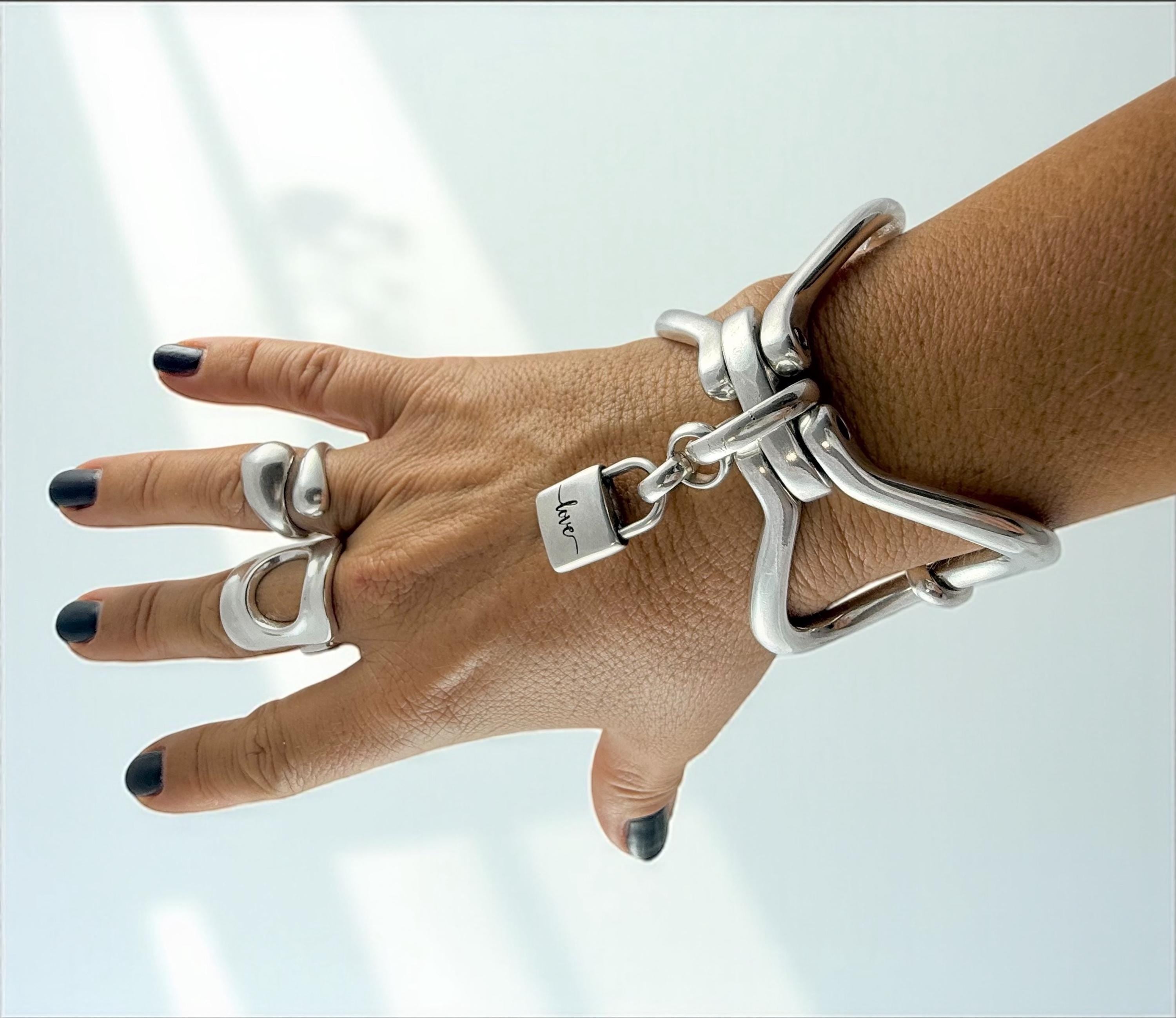 Chunky Silver Bracelet • Sculptural Stirrup‑Shaped Cuff with “Love” Padlock Charm • Bold Handmade Statement Jewelry