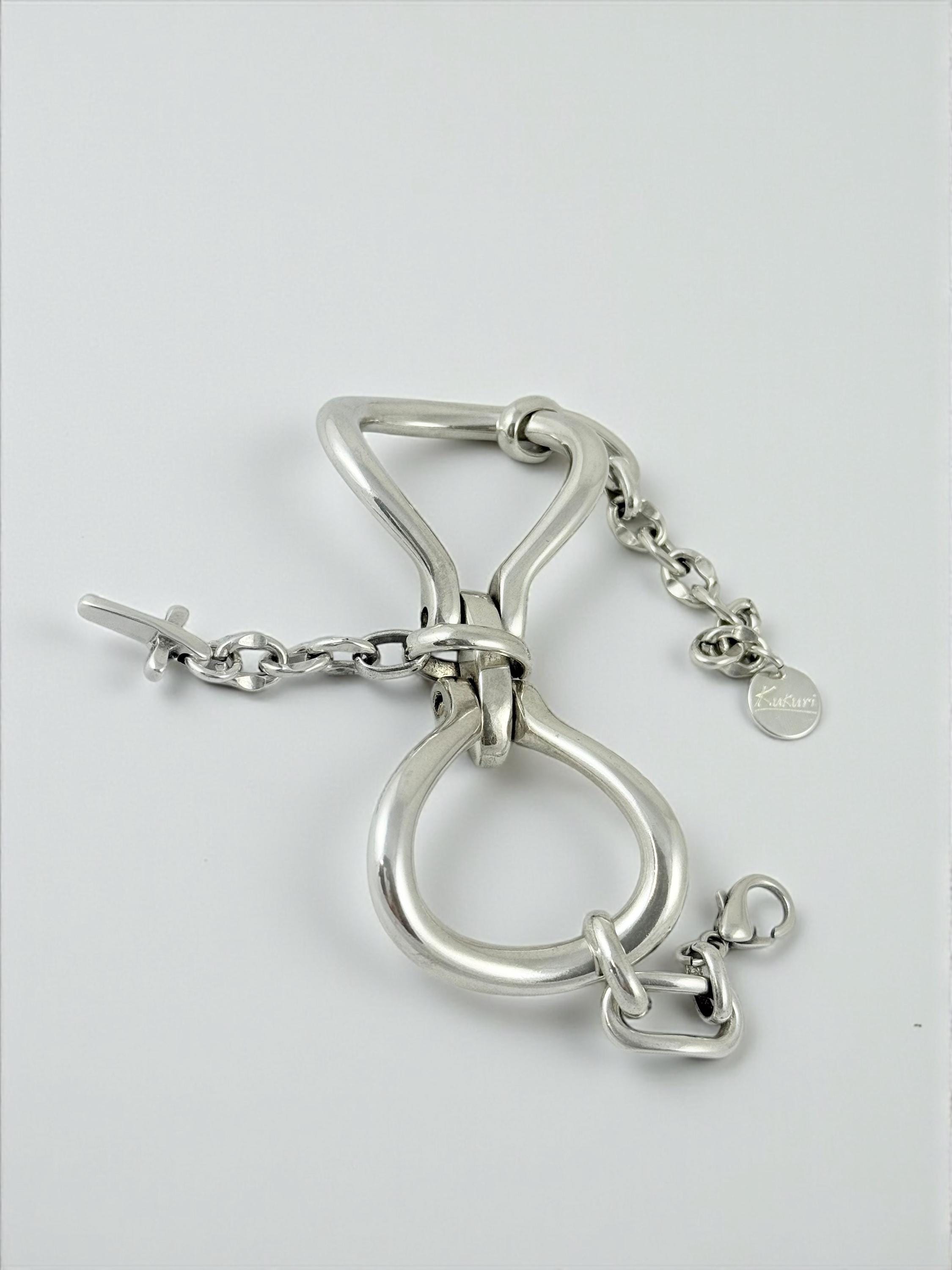 Sculptural Stirrup-Shaped chunky Silver Bracelet – Layered Chains with Cross Charm – Bold Handmade Kukuri Jewelry