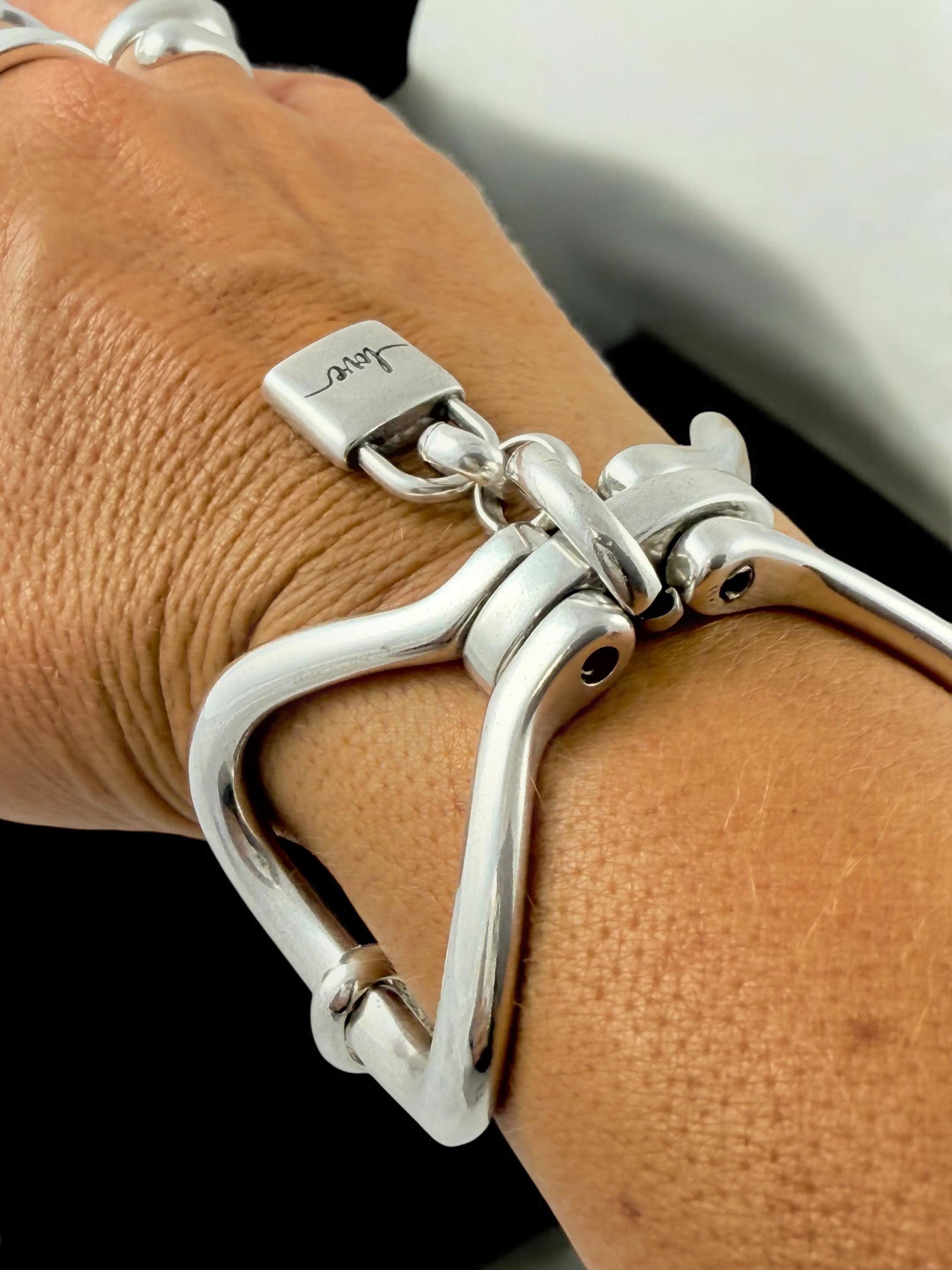 Chunky Silver Bracelet • Sculptural Stirrup‑Shaped Cuff with “Love” Padlock Charm • Bold Handmade Statement Jewelry