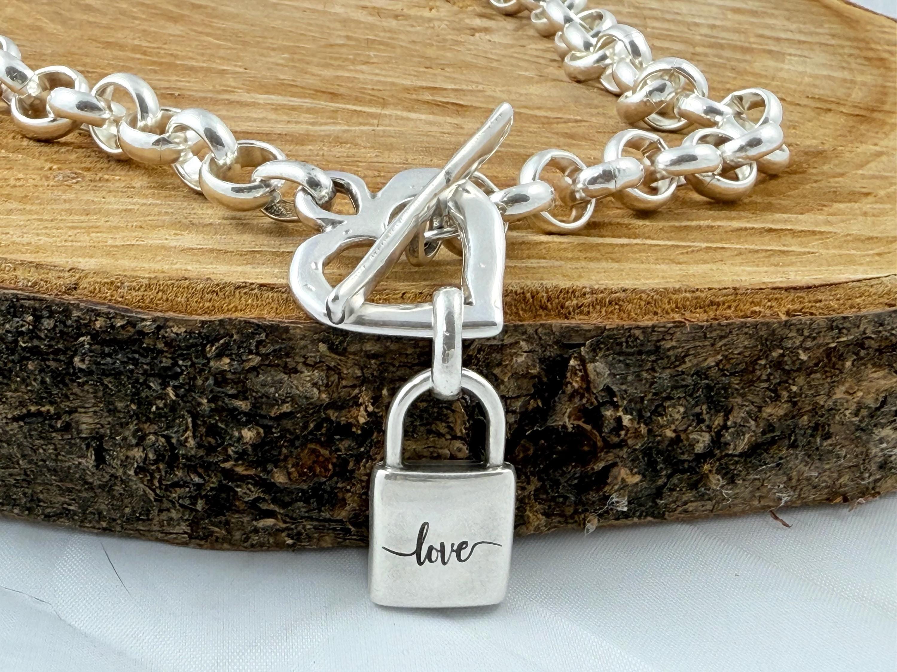 Chunky Rolo Chain Necklace – Heart Toggle Clasp with “love” Padlock – Boho Brutalist Gift – Handmade Kukuri Jewelry