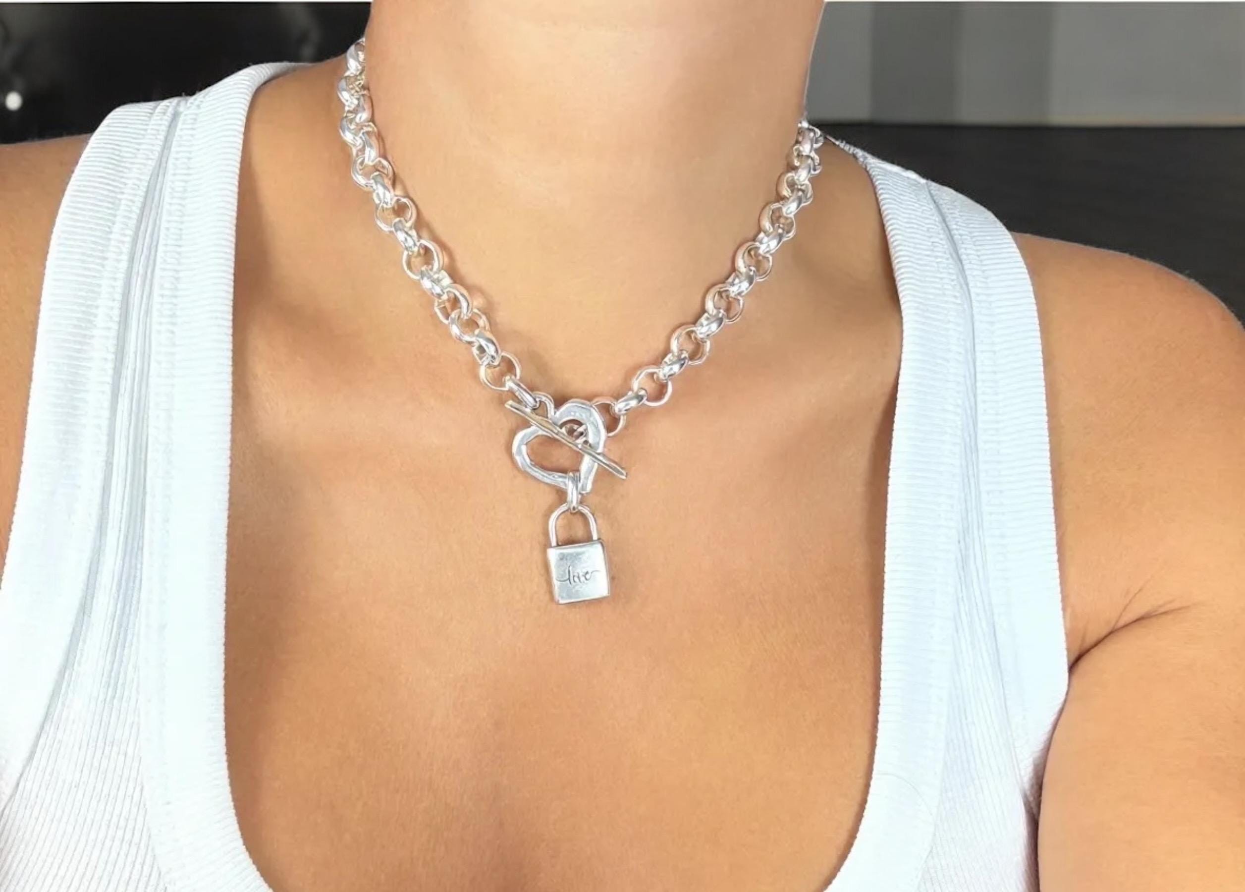 Chunky Rolo Chain Necklace – Heart Toggle Clasp with “love” Padlock – Boho Brutalist Gift – Handmade Kukuri Jewelry