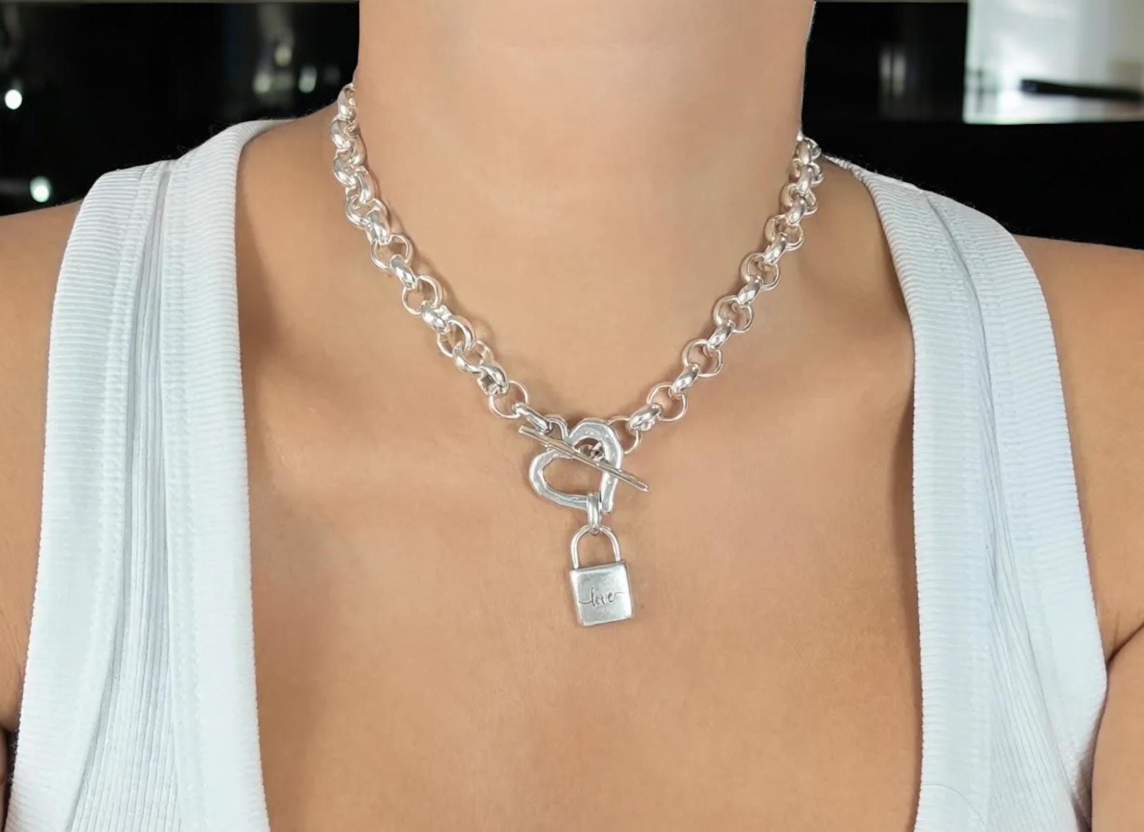 Chunky Rolo Chain Necklace – Heart Toggle Clasp with “love” Padlock – Boho Brutalist Gift – Handmade Kukuri Jewelry