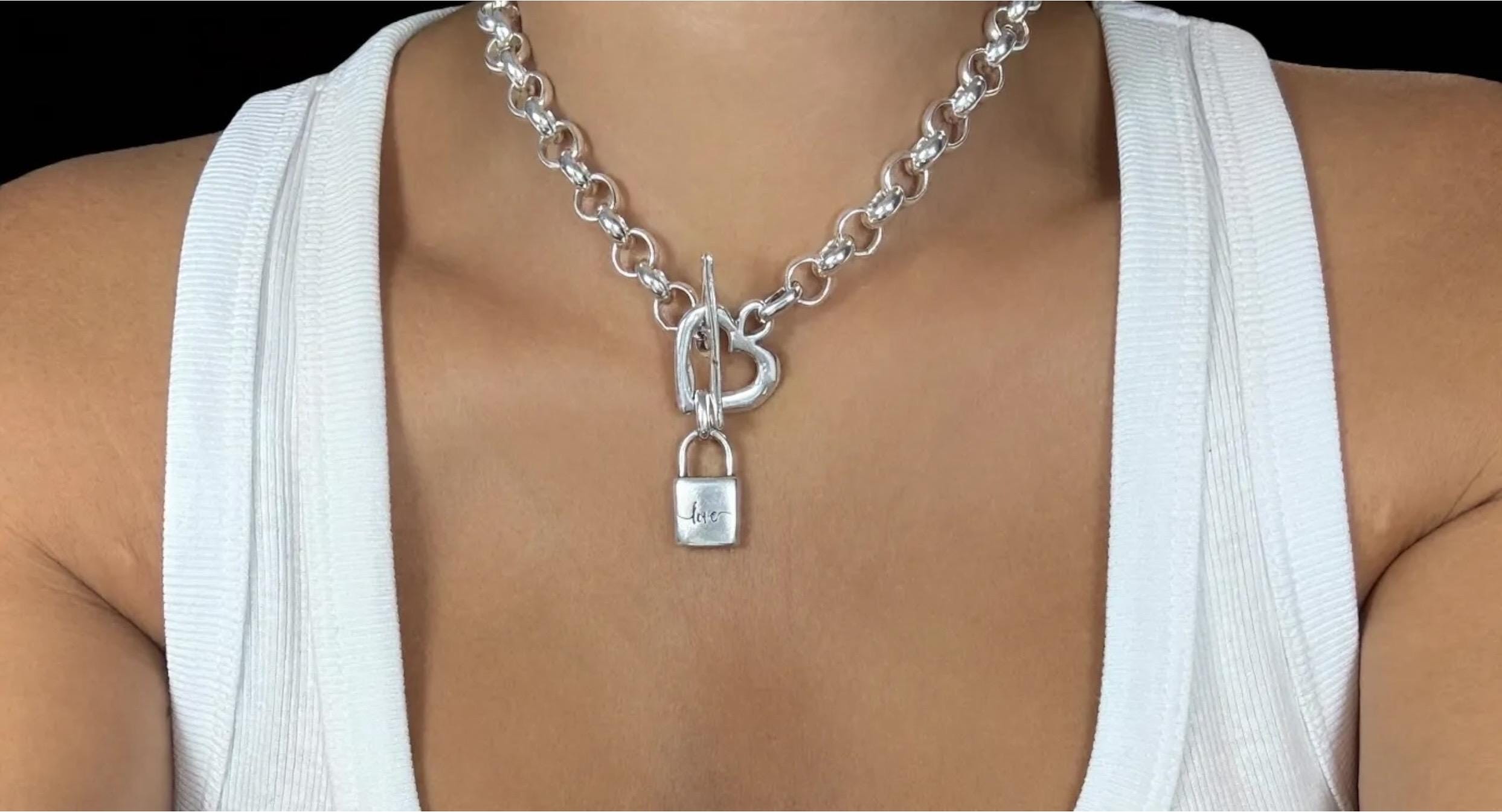 Chunky Rolo Chain Necklace – Heart Toggle Clasp with “love” Padlock – Boho Brutalist Gift – Handmade Kukuri Jewelry