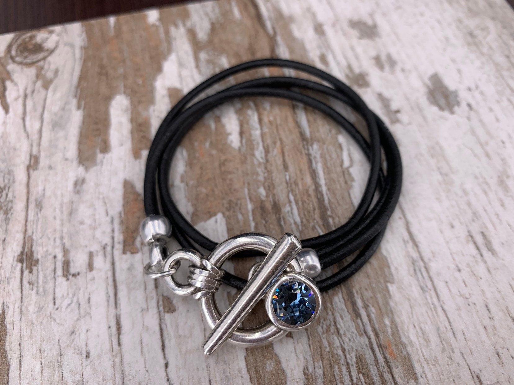 Boho Wrap Leather Bracelet – Swarovski Crystal – Toggle Clasp – Custom Fit – Handmade Kukuri Jewelry
