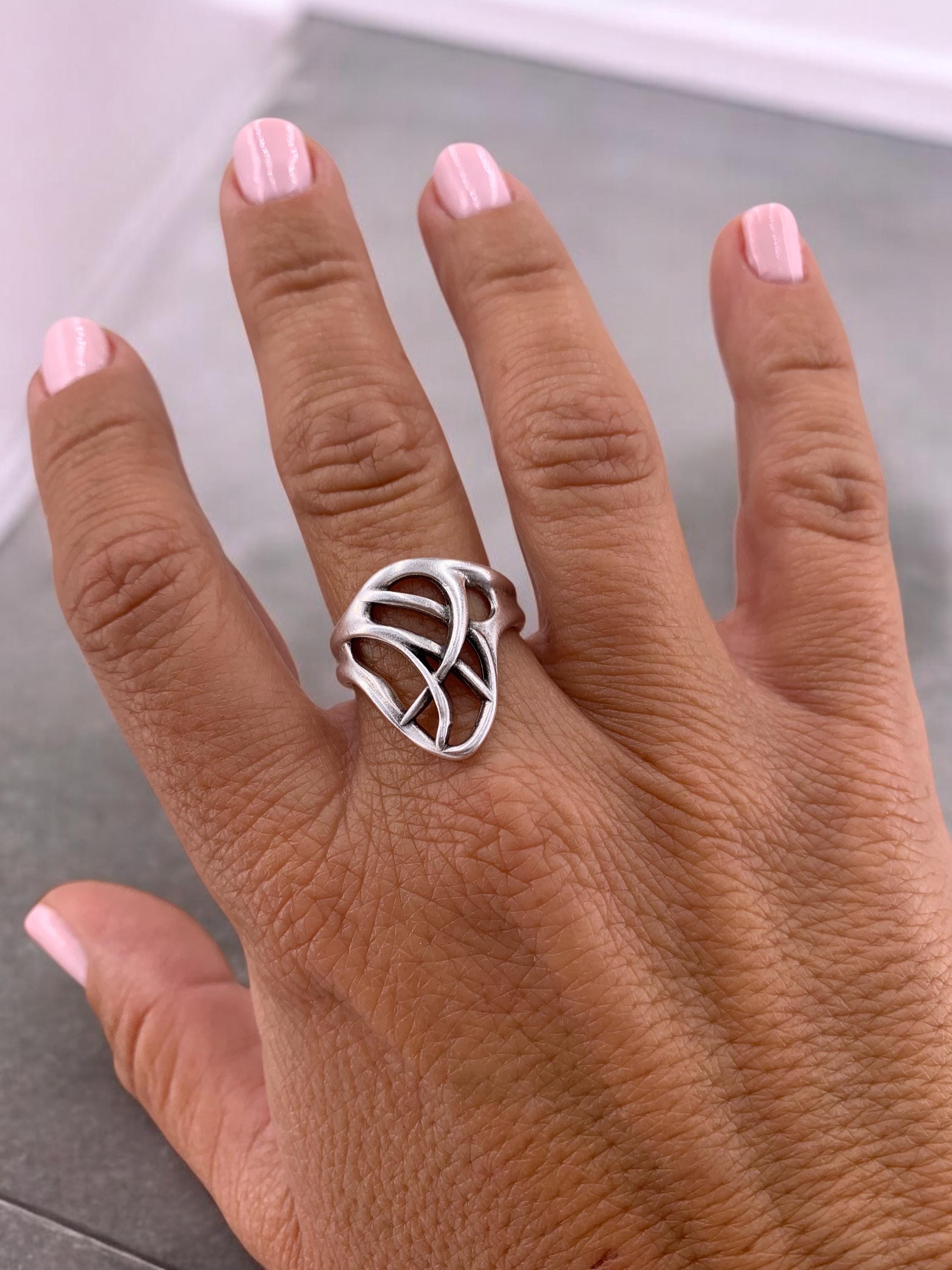 Leaf Carved Silver Wide Ring – Tribal Boho Adjustable Ring – Handmade Kukuri Jewelry