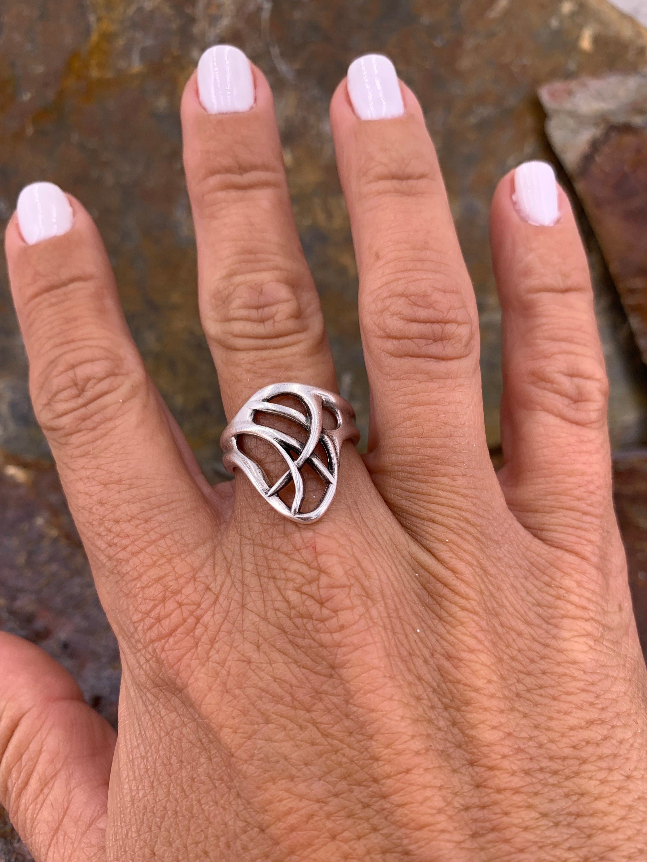 Leaf Carved Silver Wide Ring – Tribal Boho Adjustable Ring – Handmade Kukuri Jewelry