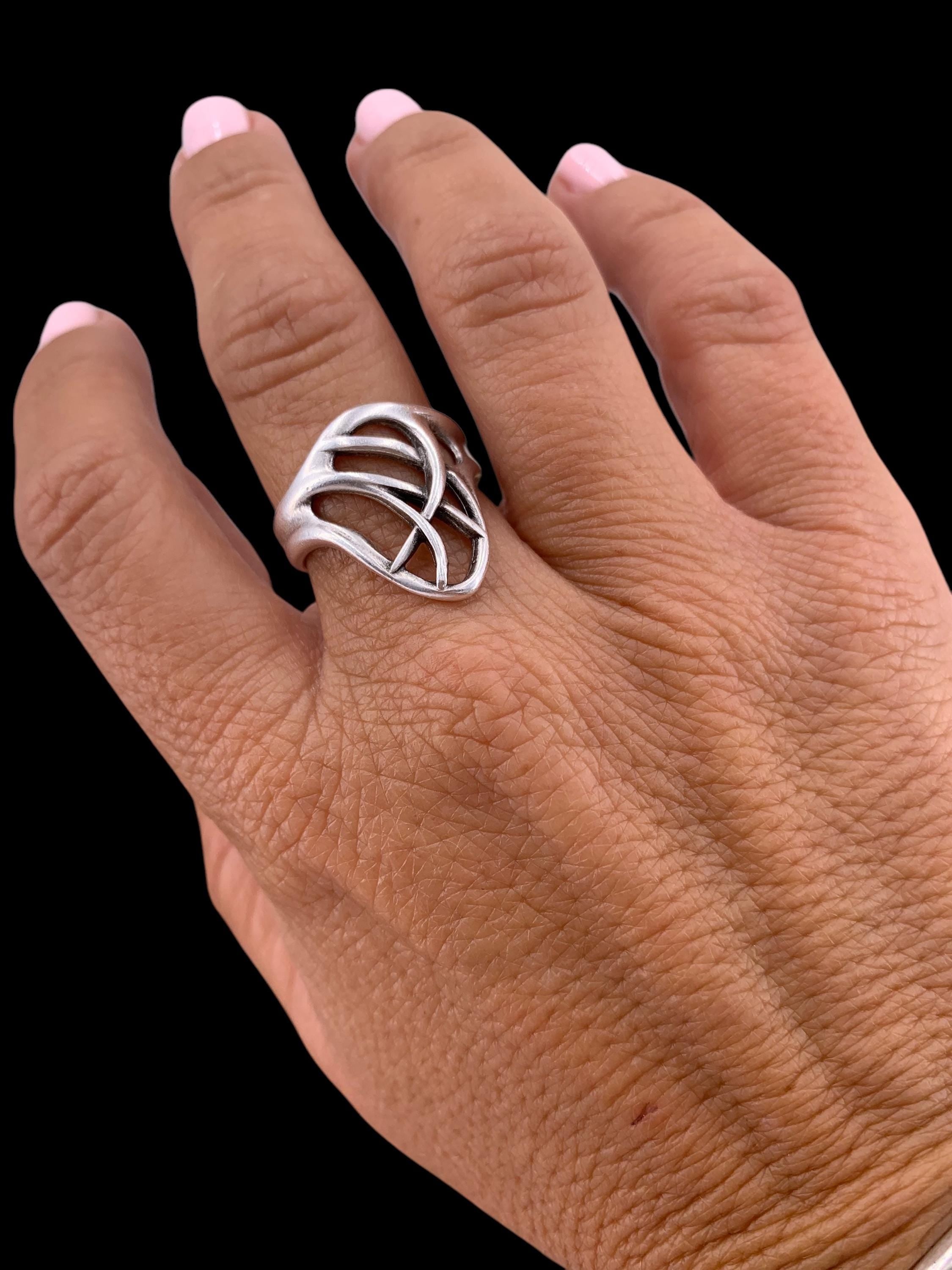 Leaf Carved Silver Wide Ring – Tribal Boho Adjustable Ring – Handmade Kukuri Jewelry