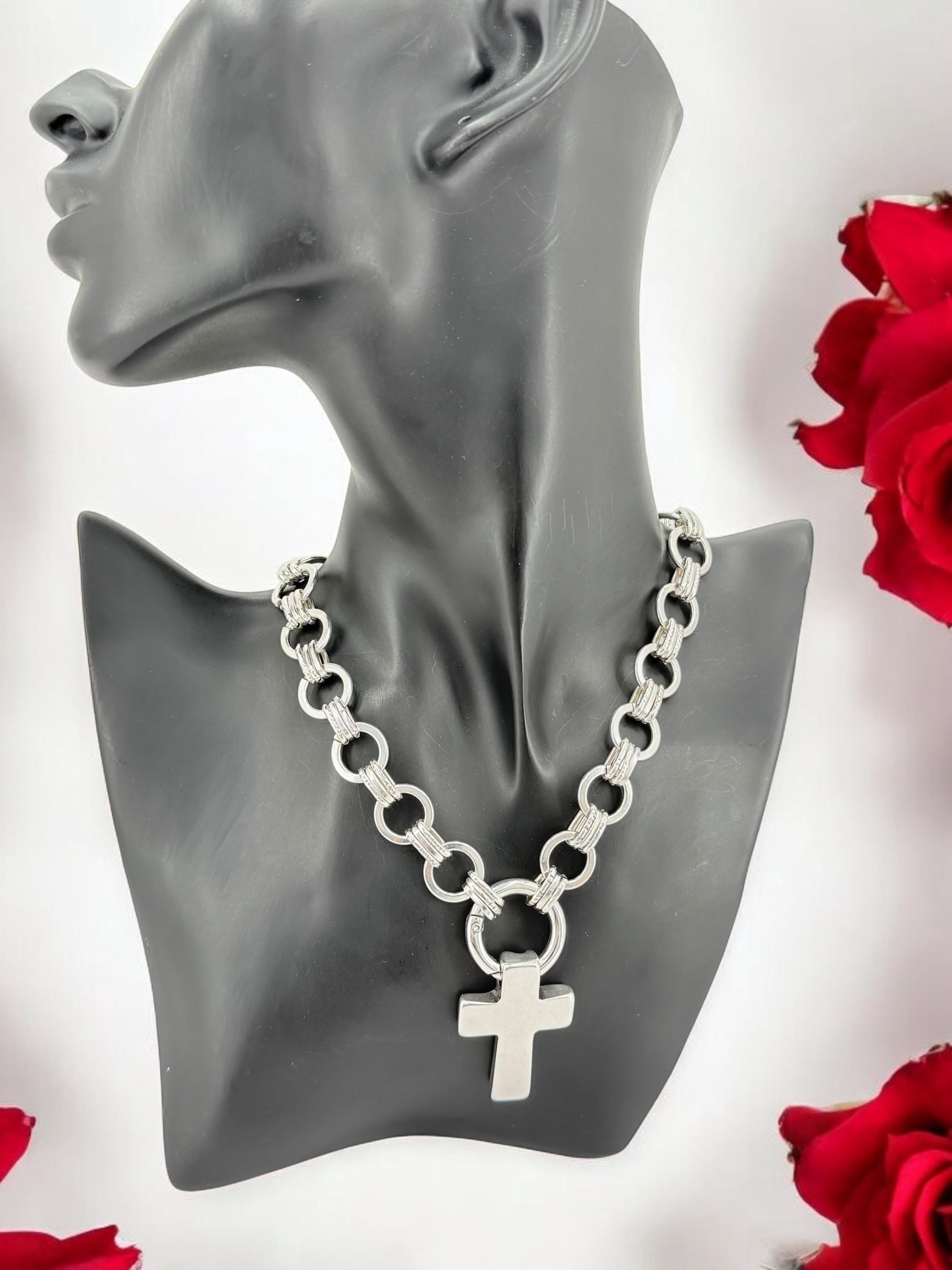 Chunky Silver Chain Necklace with Large Cross Pendant – Statement Necklace – Handmade Kukuri Jewelry