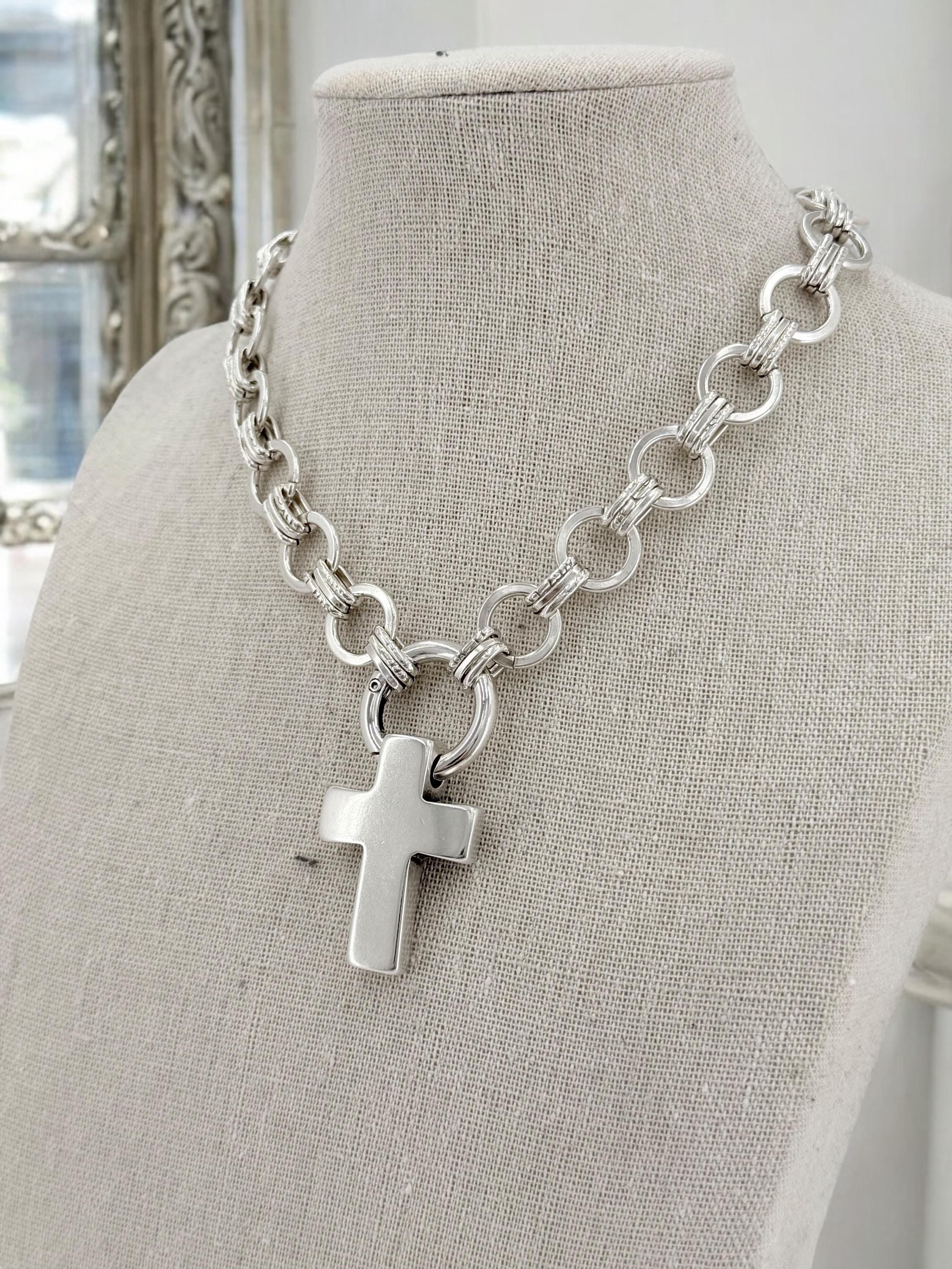 Chunky Silver Chain Necklace with Large Cross Pendant – Statement Necklace – Handmade Kukuri Jewelry