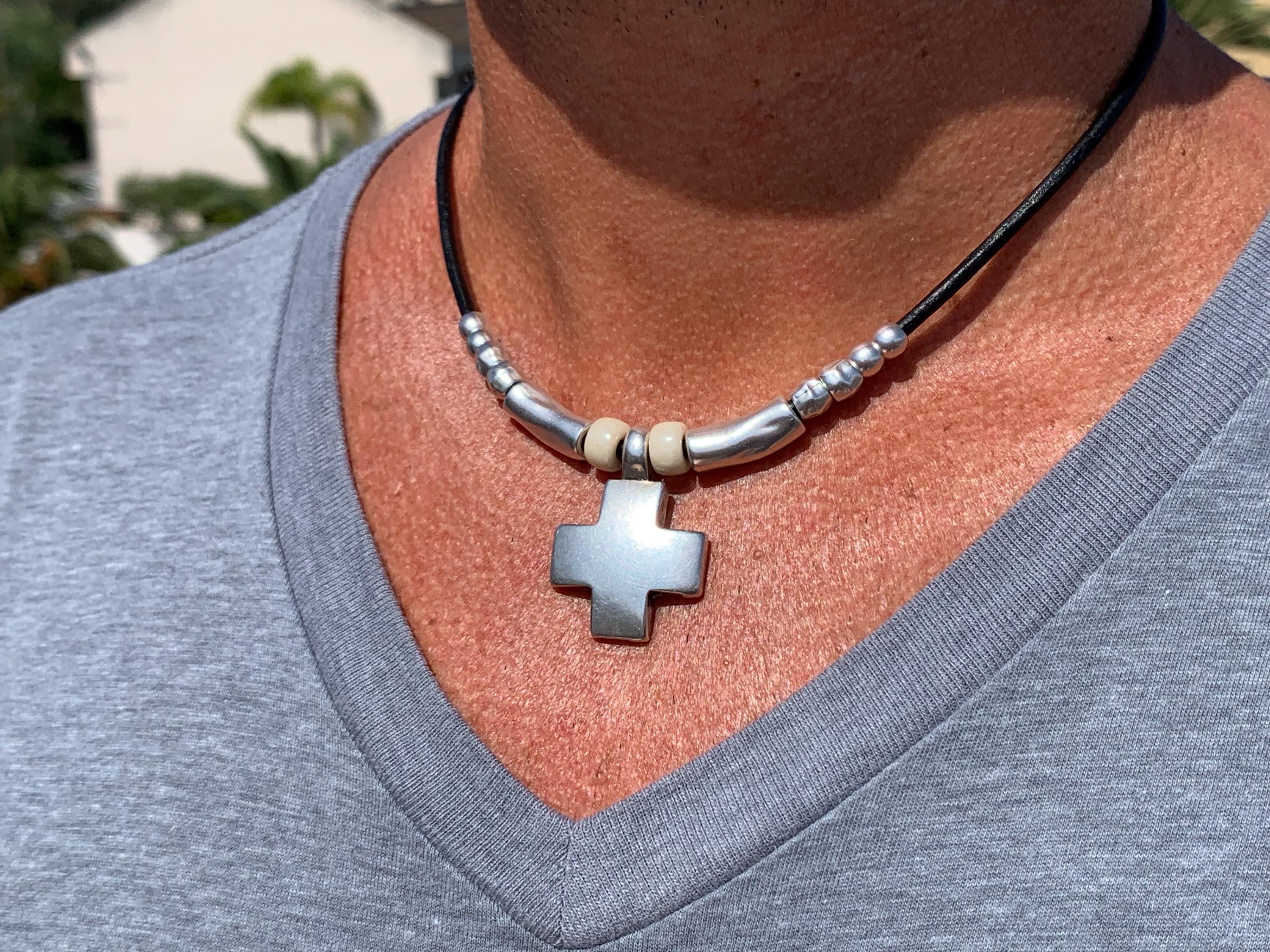 Chunky Silver Cross Pendant Leather Necklace – Czech Crystal & Silver Beads – Magnetic Clasp – Handmade Kukuri Jewelry