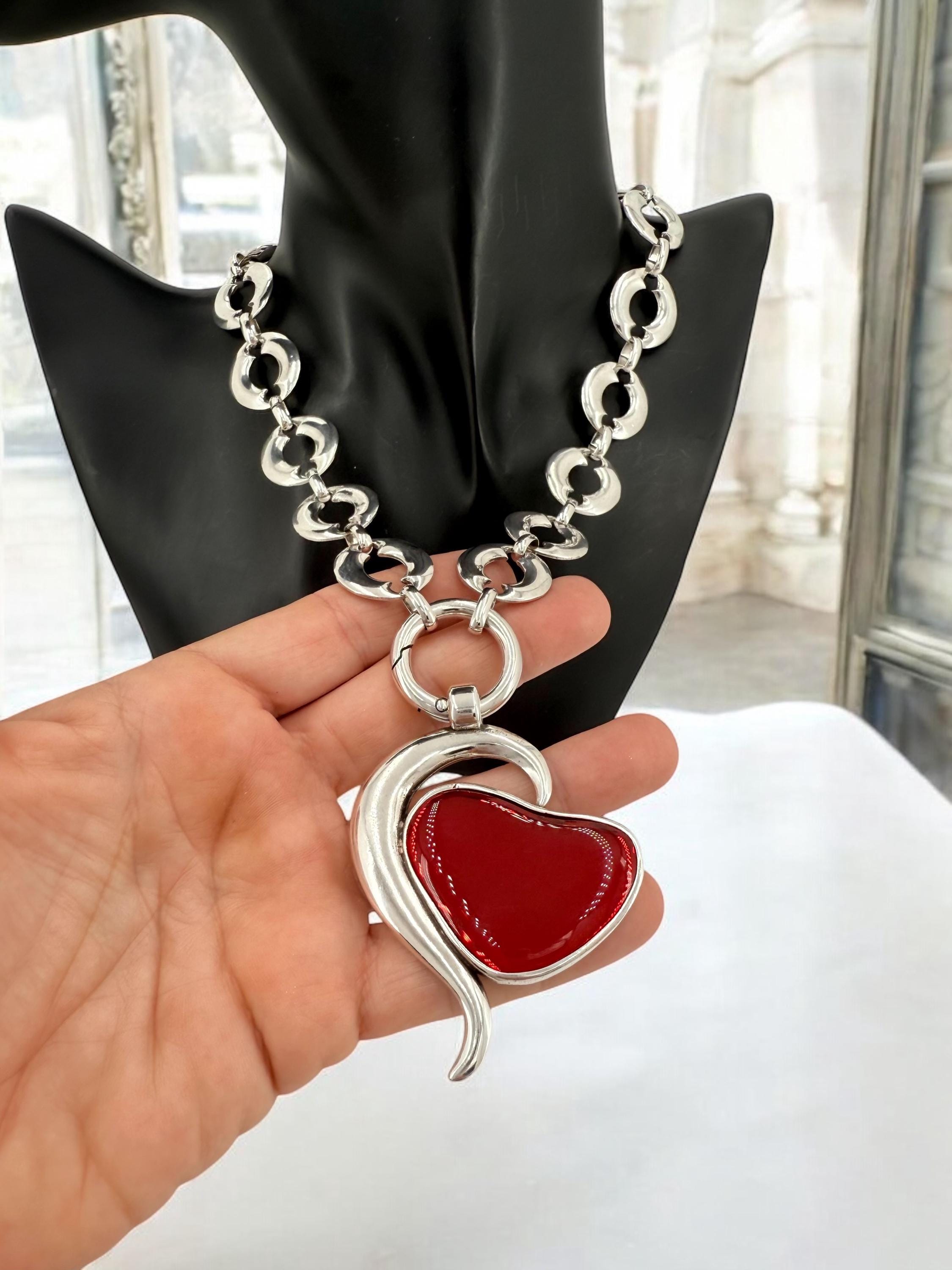 Big Red Heart Pendant Necklace – Chunky Flat-Link Silver Chain – Detachable Statement Necklace – Handmade Kukuri Jewelry