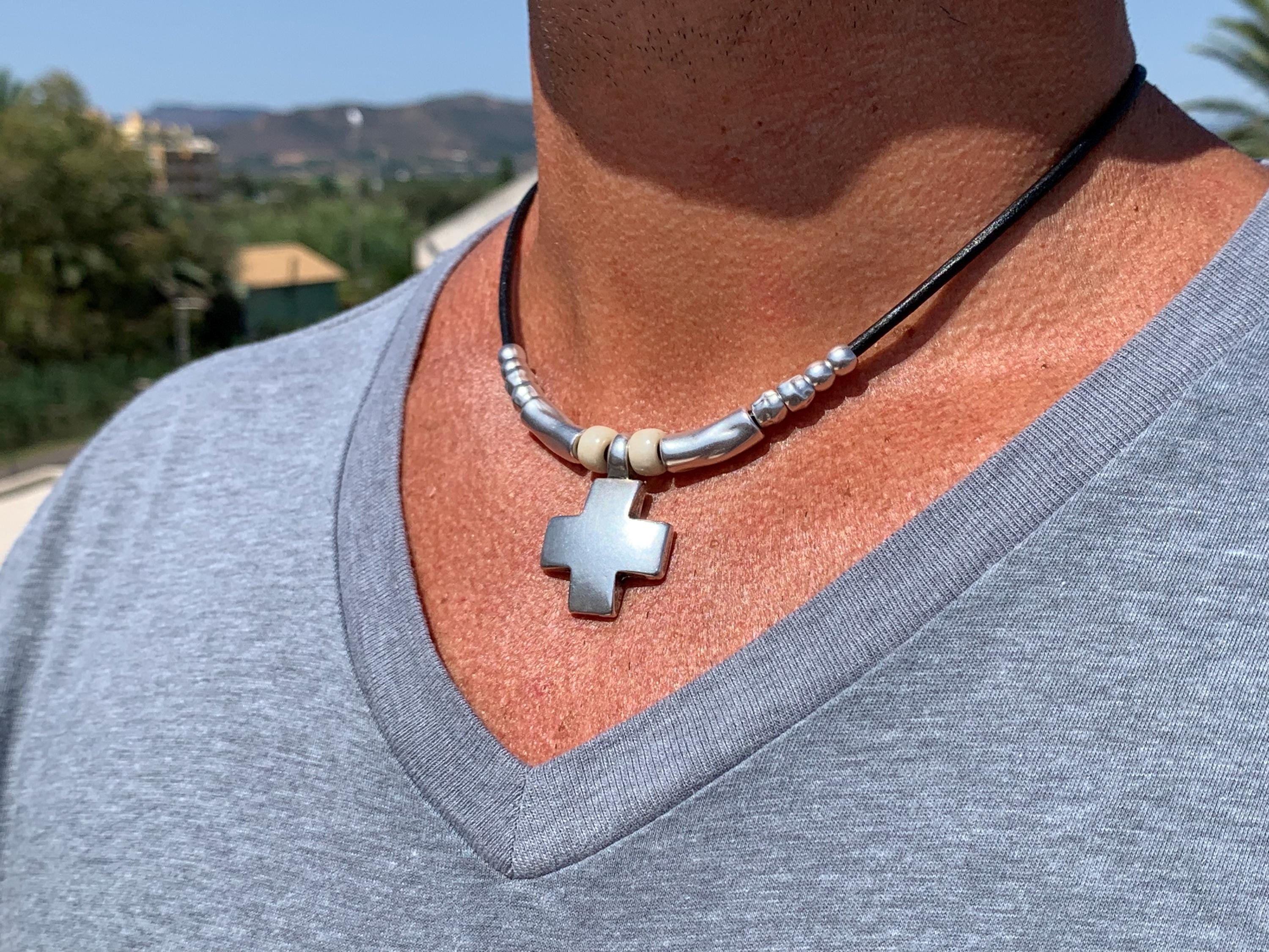 Chunky Silver Cross Pendant Leather Necklace – Czech Crystal & Silver Beads – Magnetic Clasp – Handmade Kukuri Jewelry