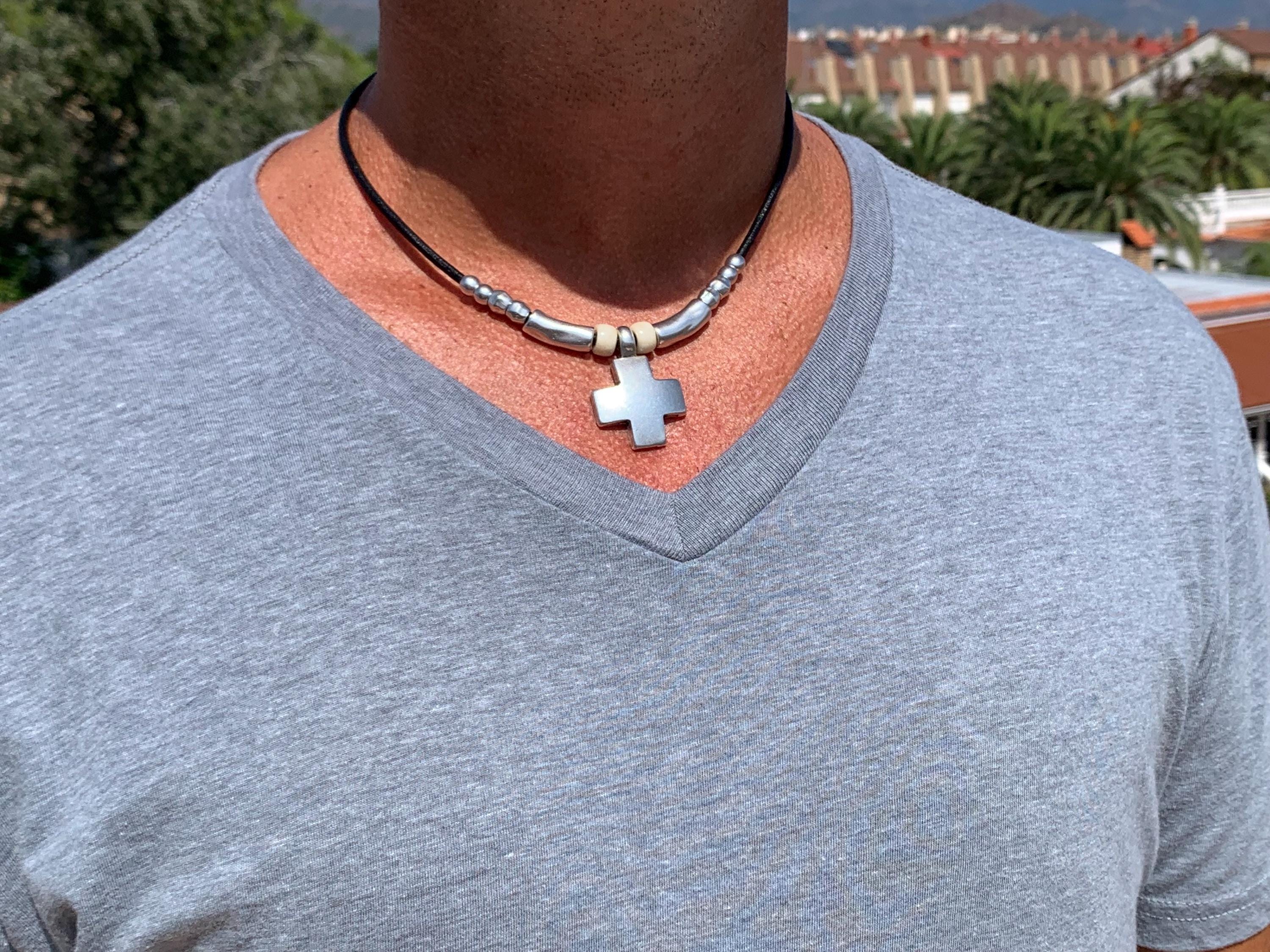Chunky Silver Cross Pendant Leather Necklace – Czech Crystal & Silver Beads – Magnetic Clasp – Handmade Kukuri Jewelry