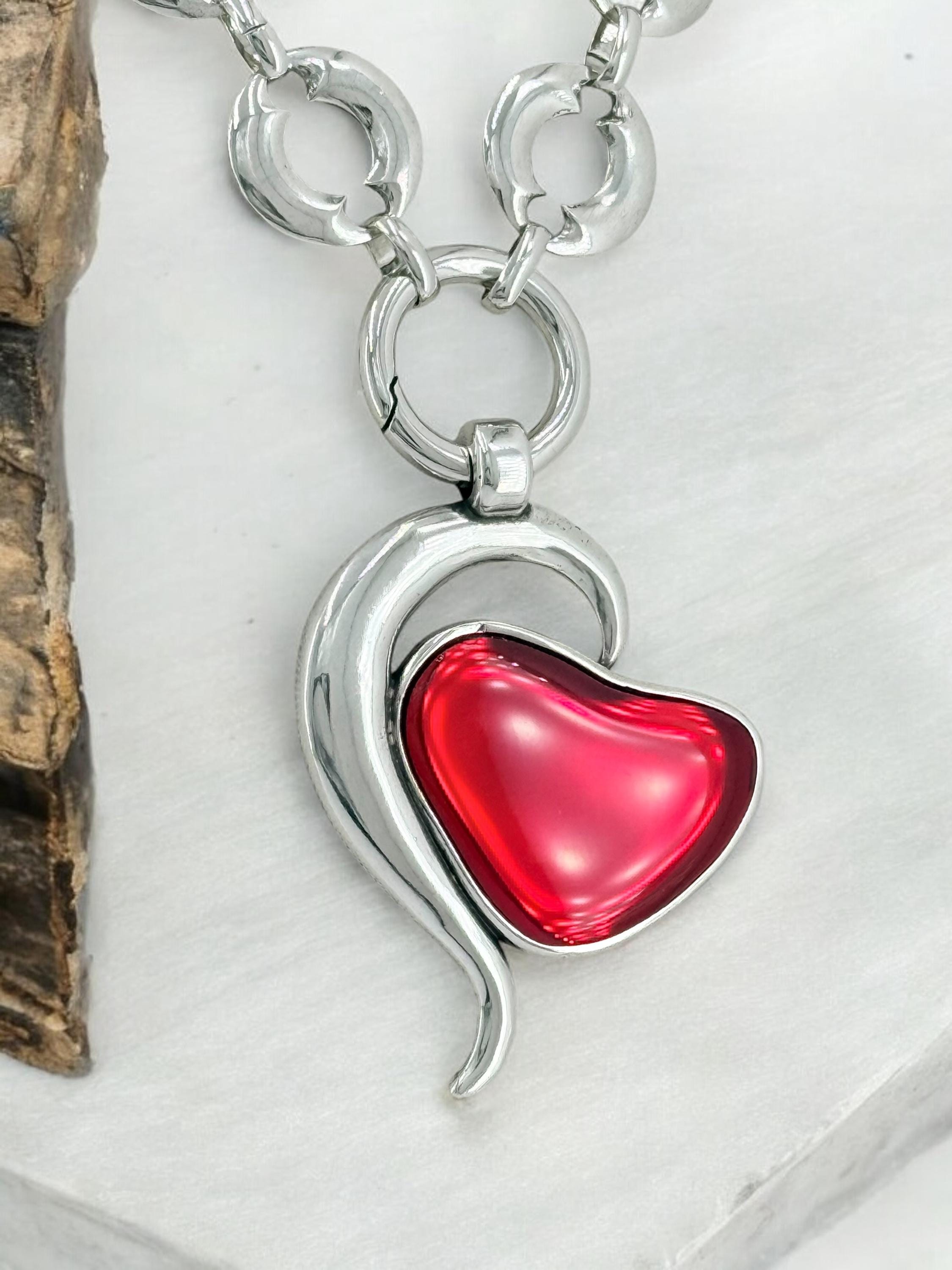 Big Red Heart Pendant Necklace – Chunky Flat-Link Silver Chain – Detachable Statement Necklace – Handmade Kukuri Jewelry