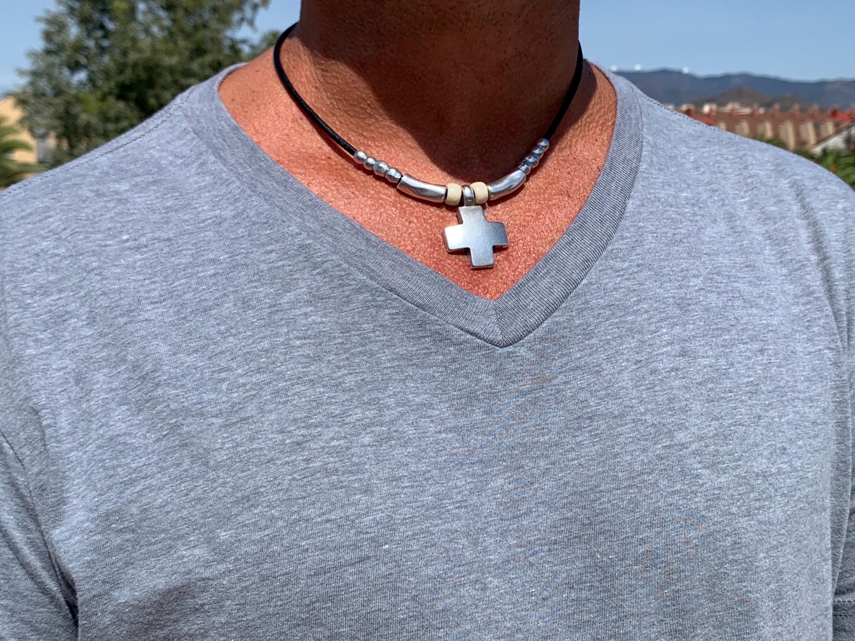 Chunky Silver Cross Pendant Leather Necklace – Czech Crystal & Silver Beads – Magnetic Clasp – Handmade Kukuri Jewelry
