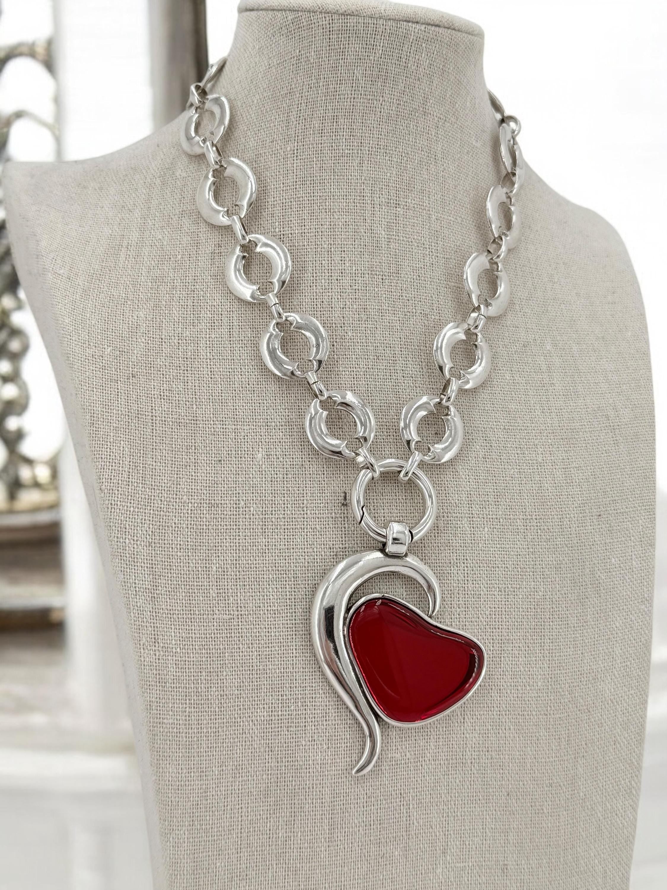 Big Red Heart Pendant Necklace – Chunky Flat-Link Silver Chain – Detachable Statement Necklace – Handmade Kukuri Jewelry