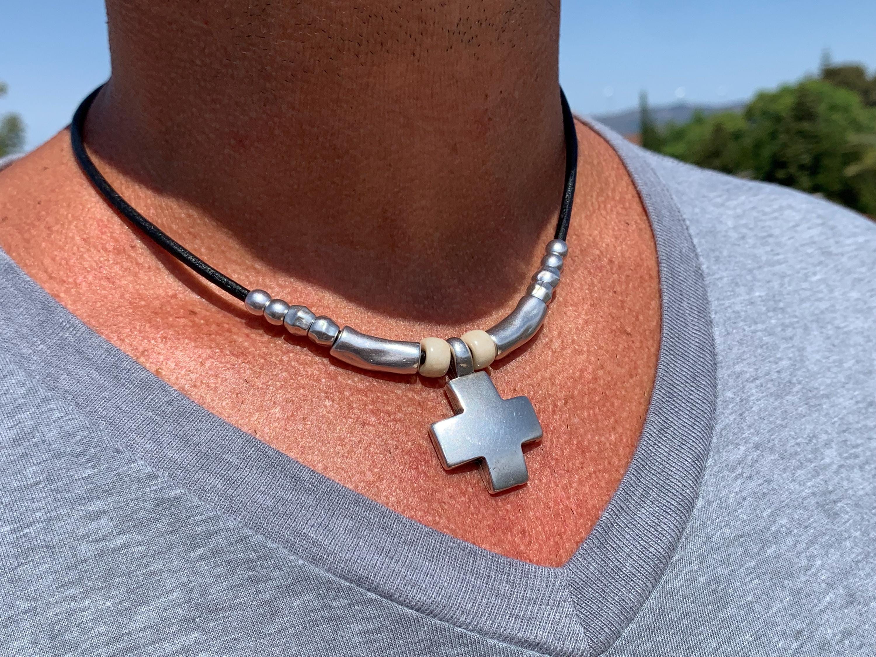 Chunky Silver Cross Pendant Leather Necklace – Czech Crystal & Silver Beads – Magnetic Clasp – Handmade Kukuri Jewelry