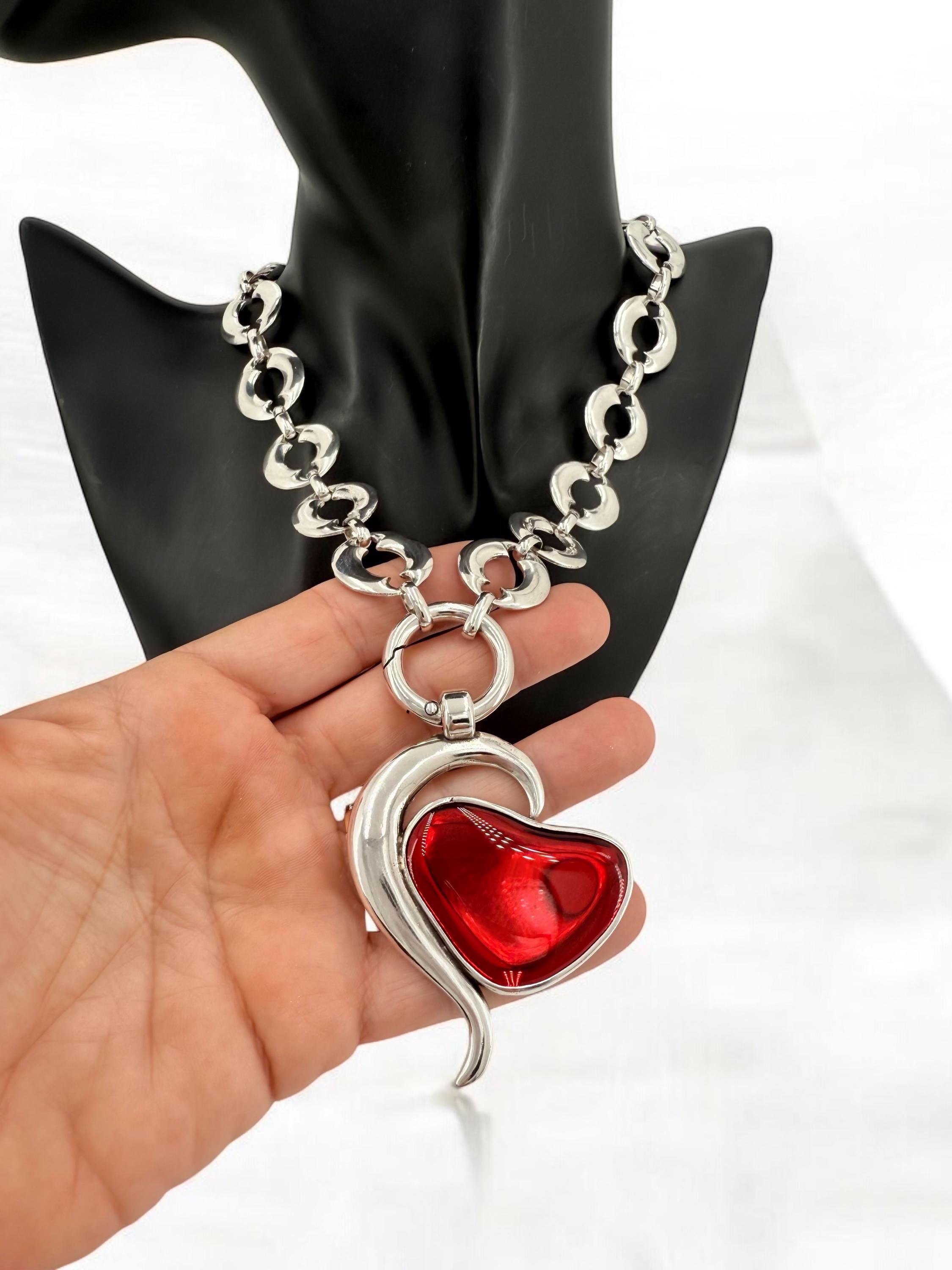 Big Red Heart Pendant Necklace – Chunky Flat-Link Silver Chain – Detachable Statement Necklace – Handmade Kukuri Jewelry