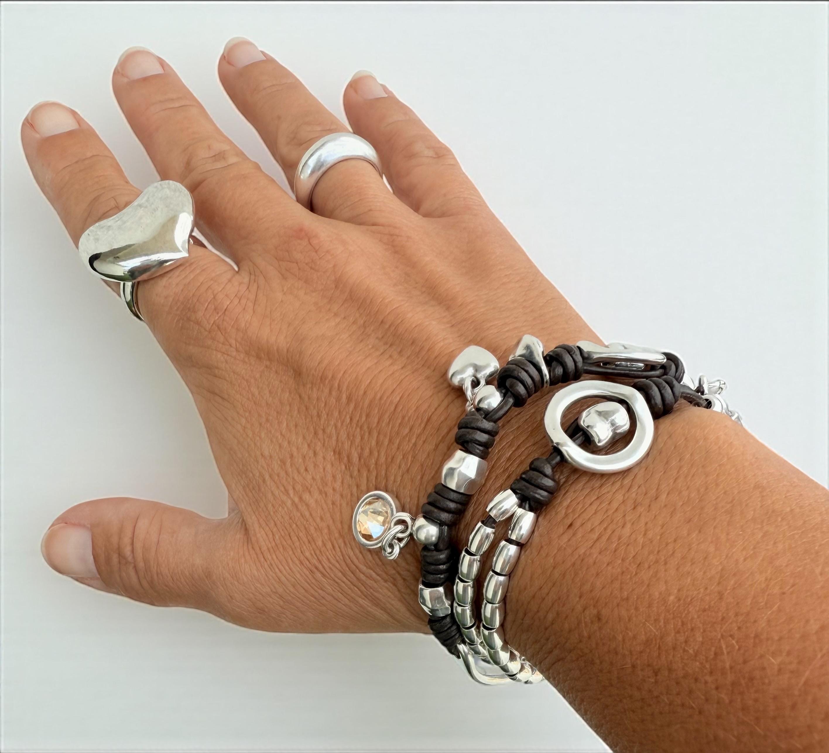 Boho Double-Wrap Leather Bracelet – Swarovski Crystal, Heart & Lock Charms – Handmade Kukuri Jewelry