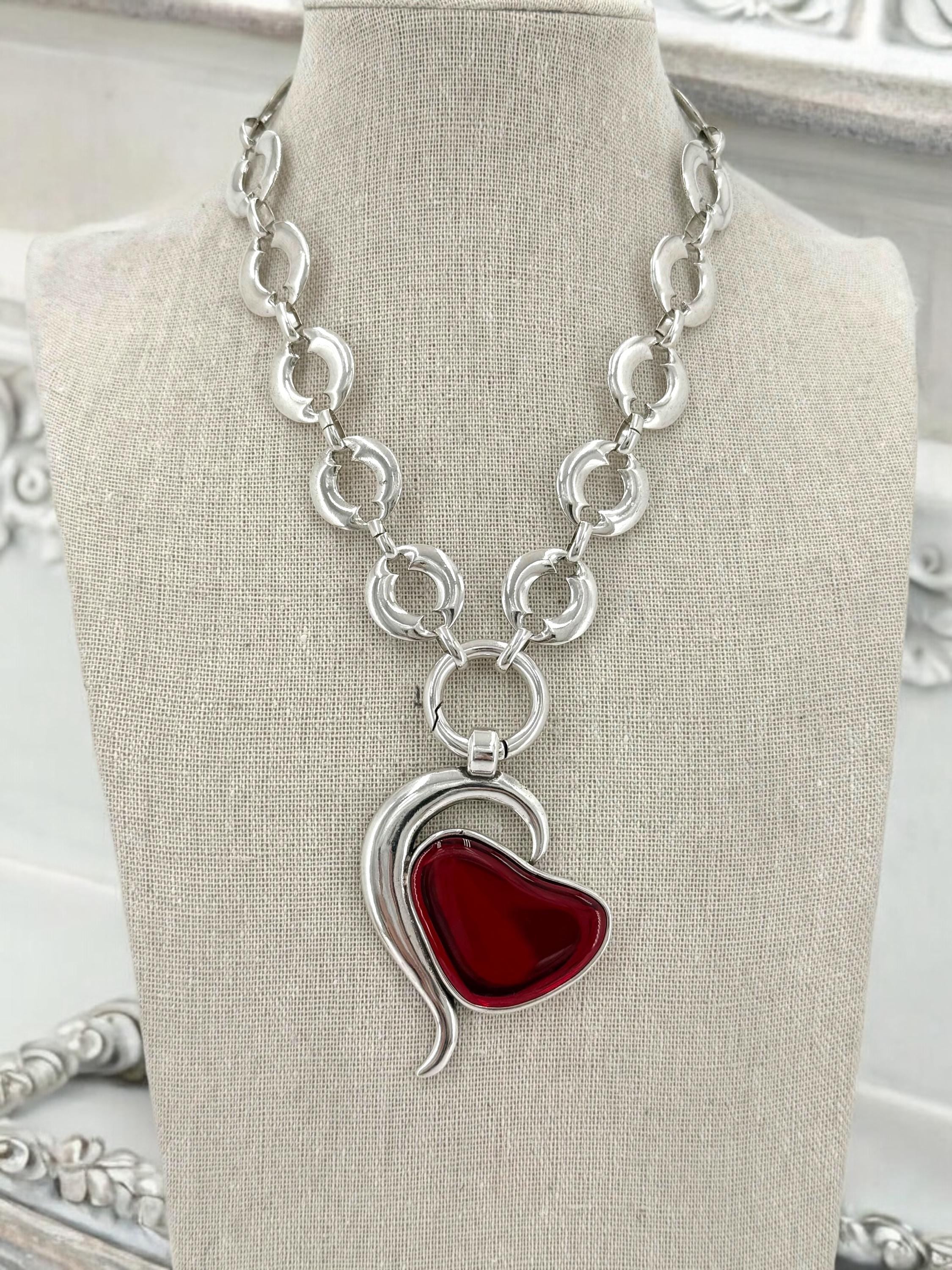 Big Red Heart Pendant Necklace – Chunky Flat-Link Silver Chain – Detachable Statement Necklace – Handmade Kukuri Jewelry