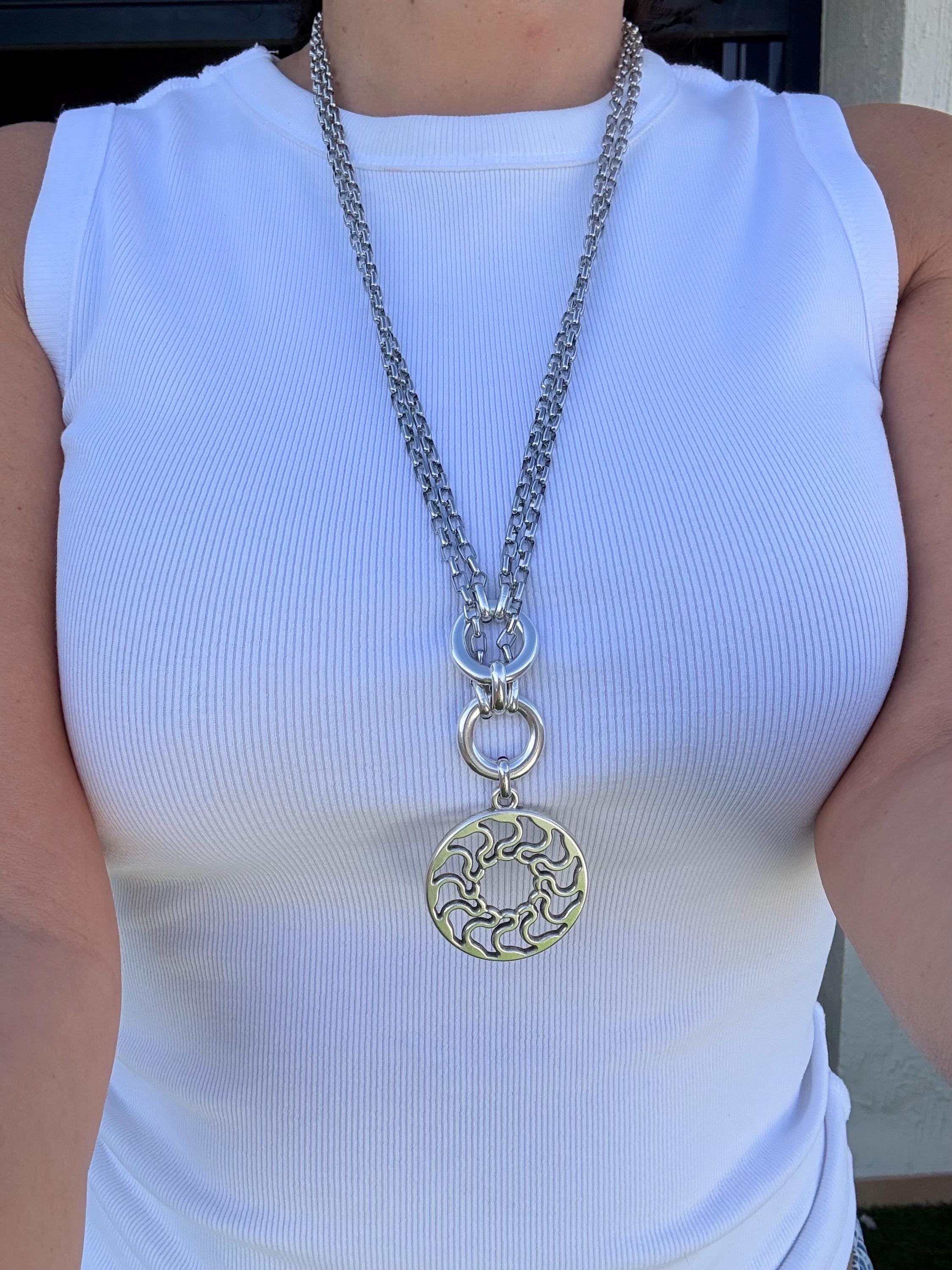 Double Circle chunky Necklace with Carved Mandala Pendant – Layered Chain – Dark Silver Finish – Handmade Kukuri Jewelry