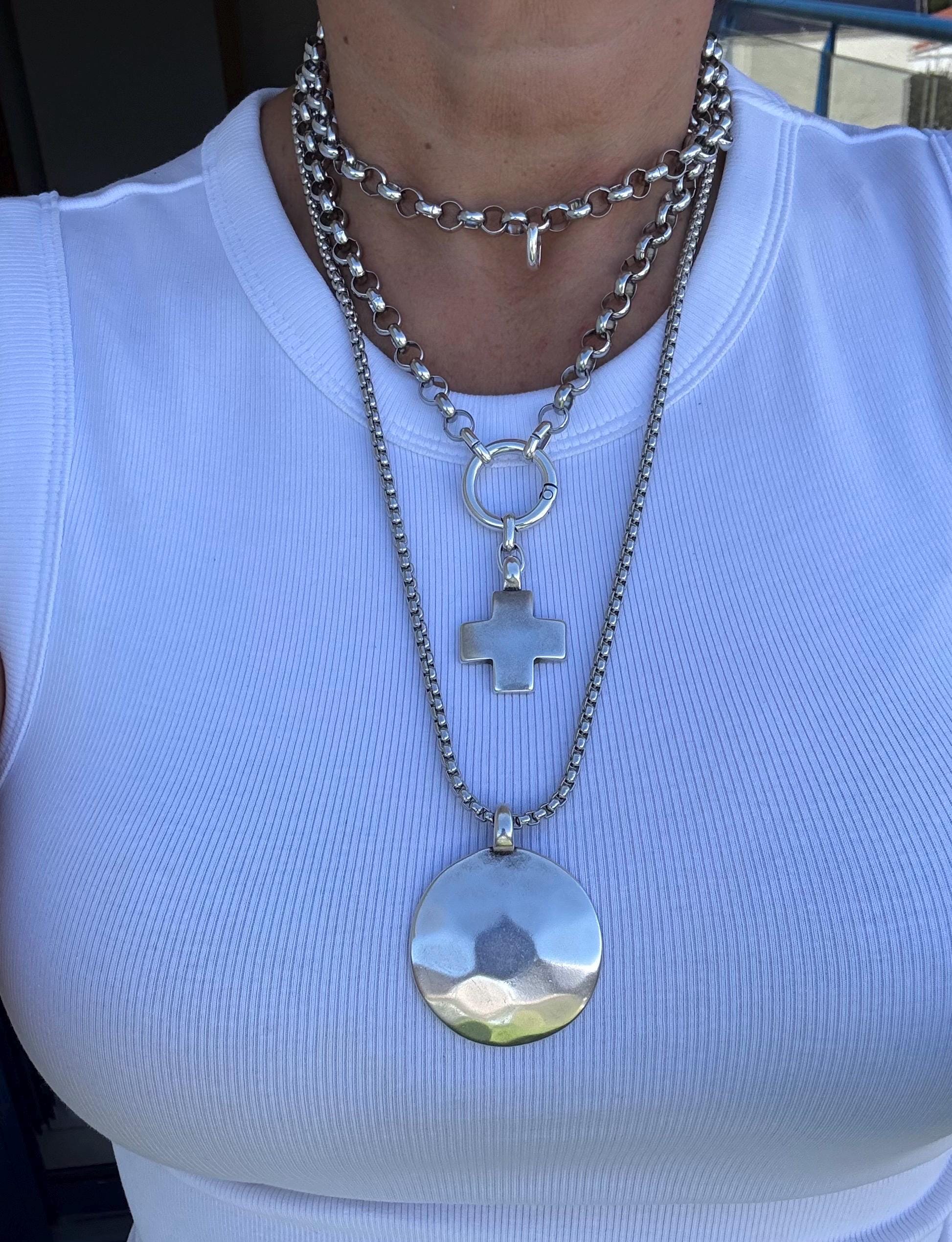 Set of Two Multi-Position chunky wrap Necklaces – Cross Pendant & Hammered Circle – Dark Silver Finish – Handmade Kukuri Jewelry