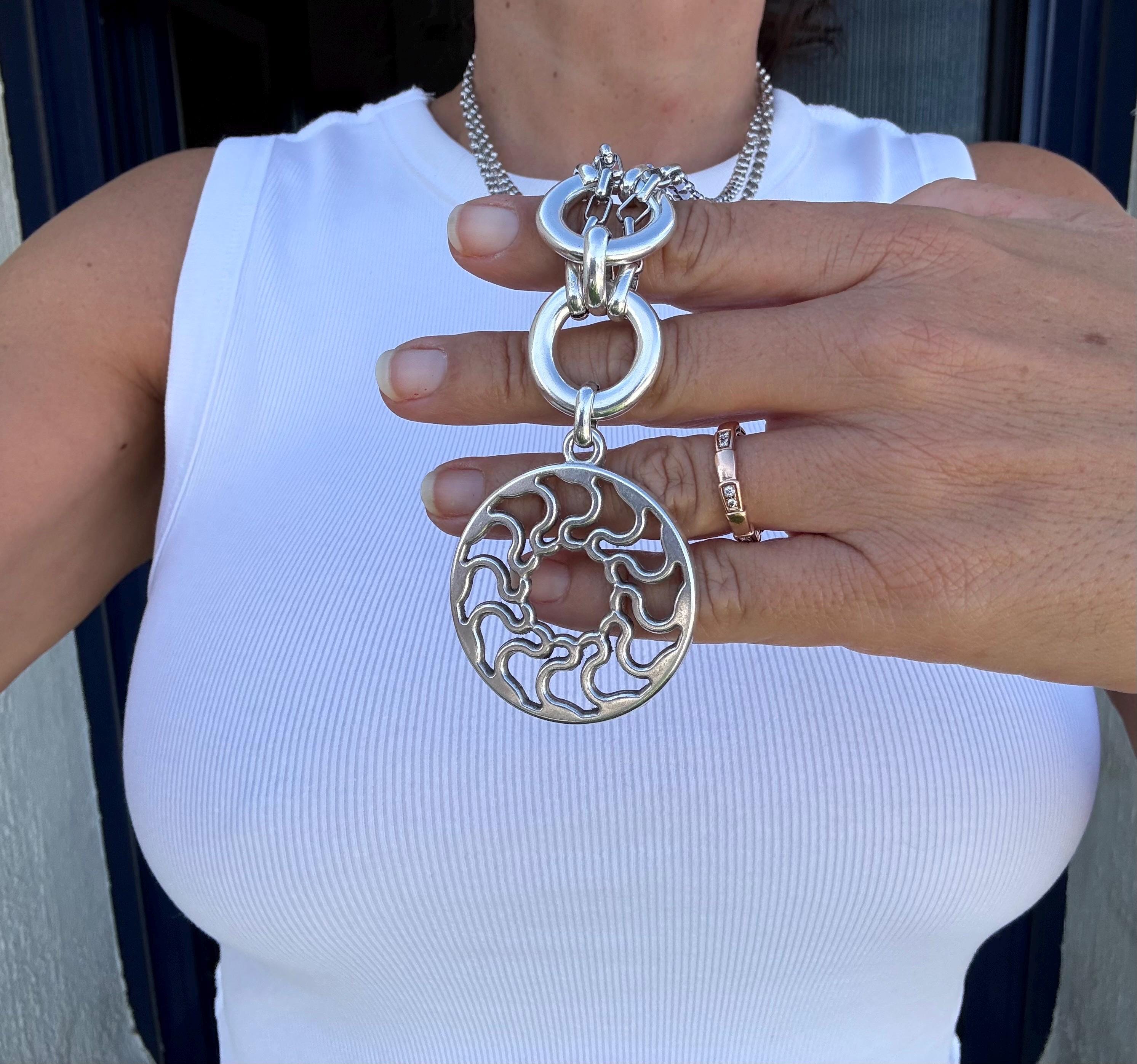 Double Circle chunky Necklace with Carved Mandala Pendant – Layered Chain – Dark Silver Finish – Handmade Kukuri Jewelry