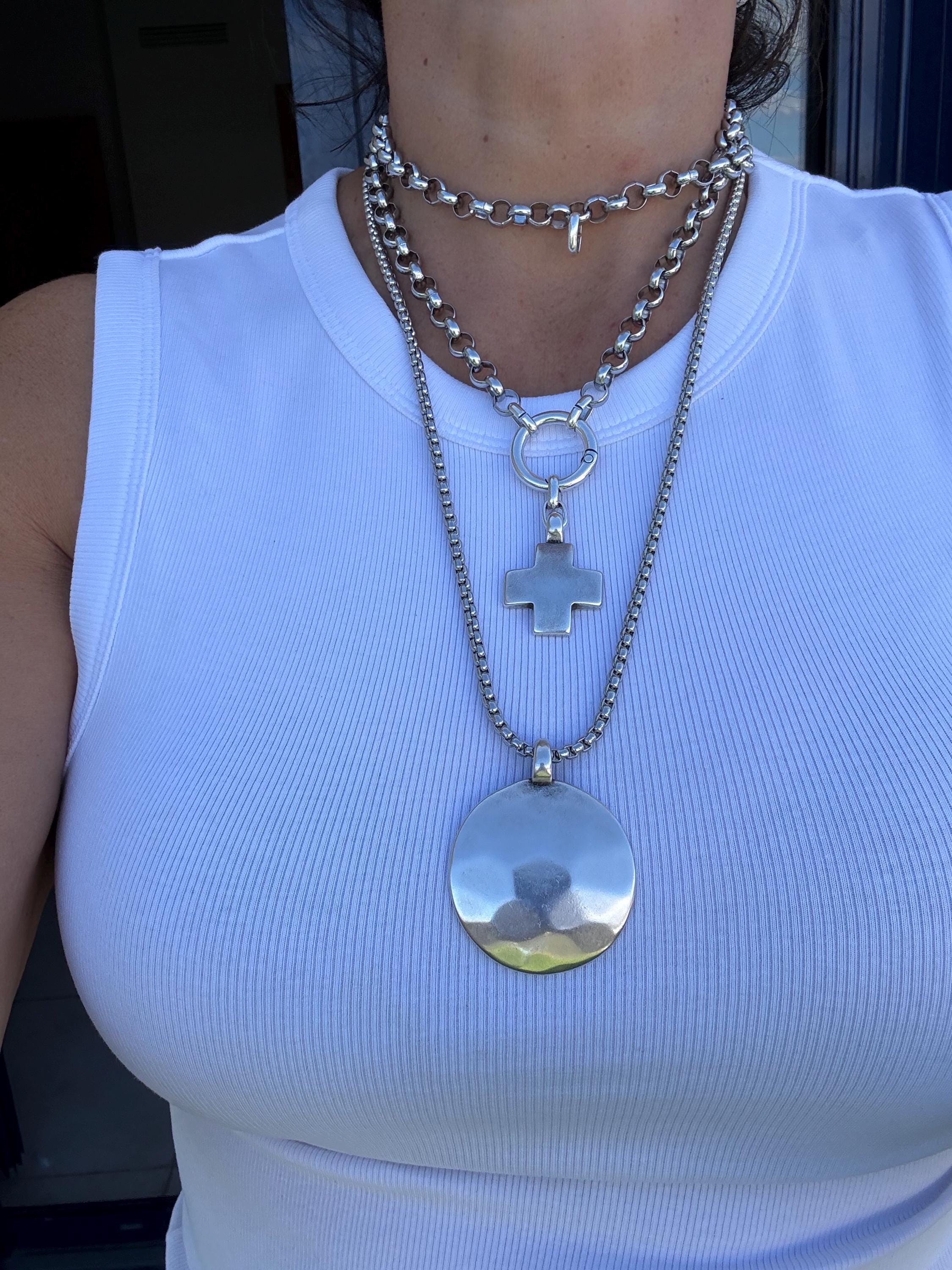 Set of Two Multi-Position chunky wrap Necklaces – Cross Pendant & Hammered Circle – Dark Silver Finish – Handmade Kukuri Jewelry