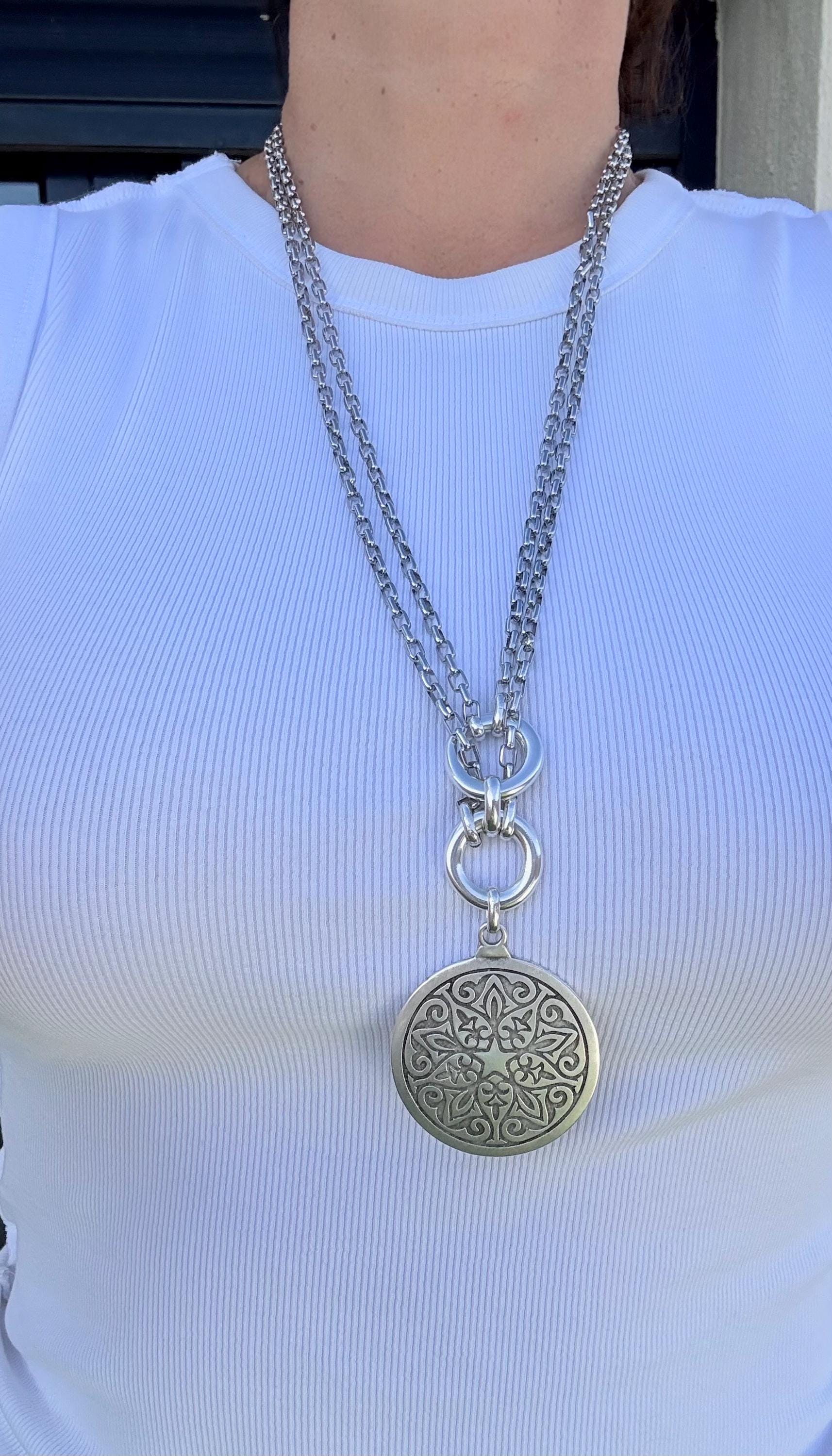 Double Circle Chunky Necklace with Large Mandala Pendant – Layered Chain – Dark Silver Finish – Handmade Kukuri Jewelry