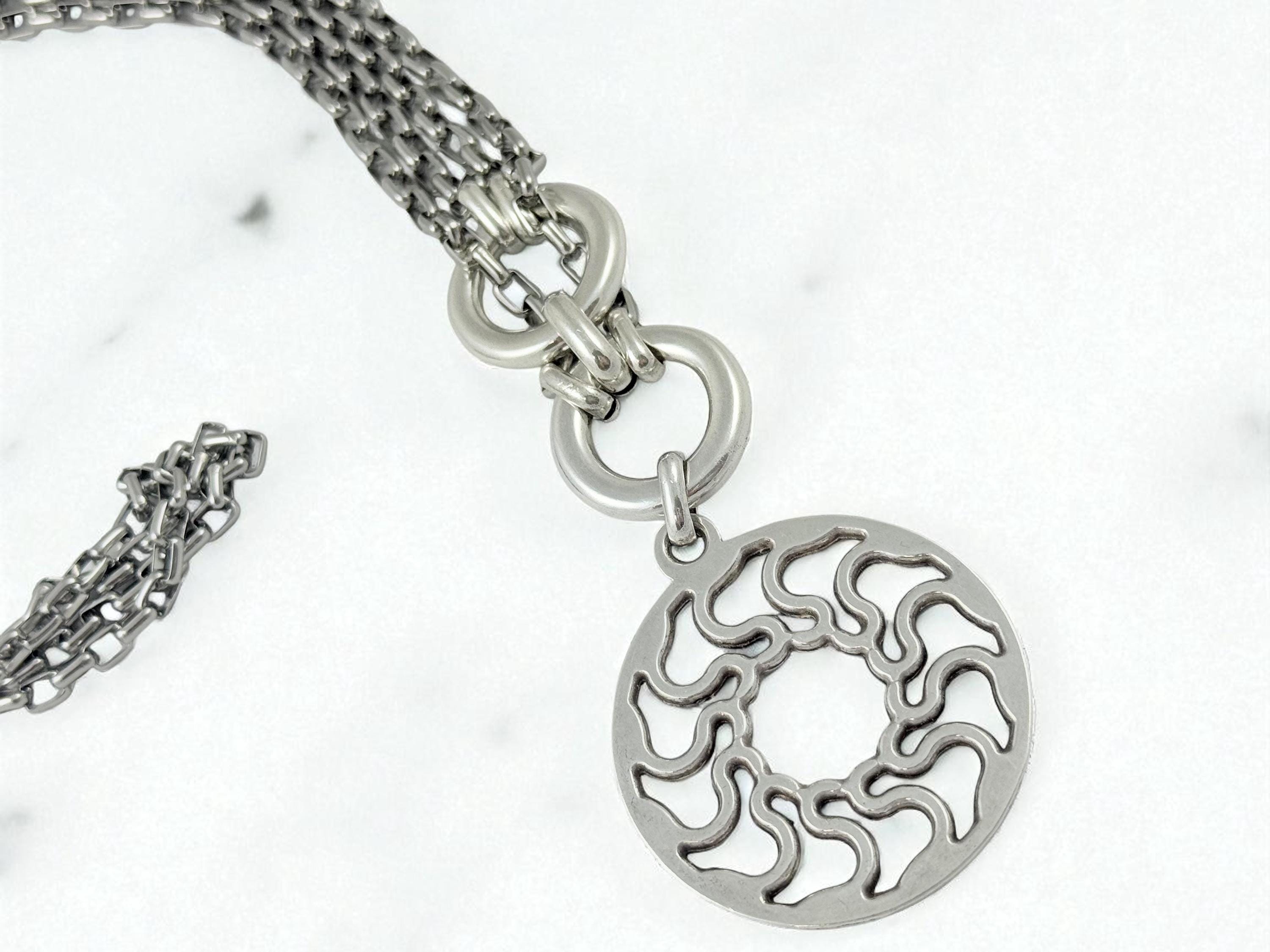 Double Circle chunky Necklace with Carved Mandala Pendant – Layered Chain – Dark Silver Finish – Handmade Kukuri Jewelry