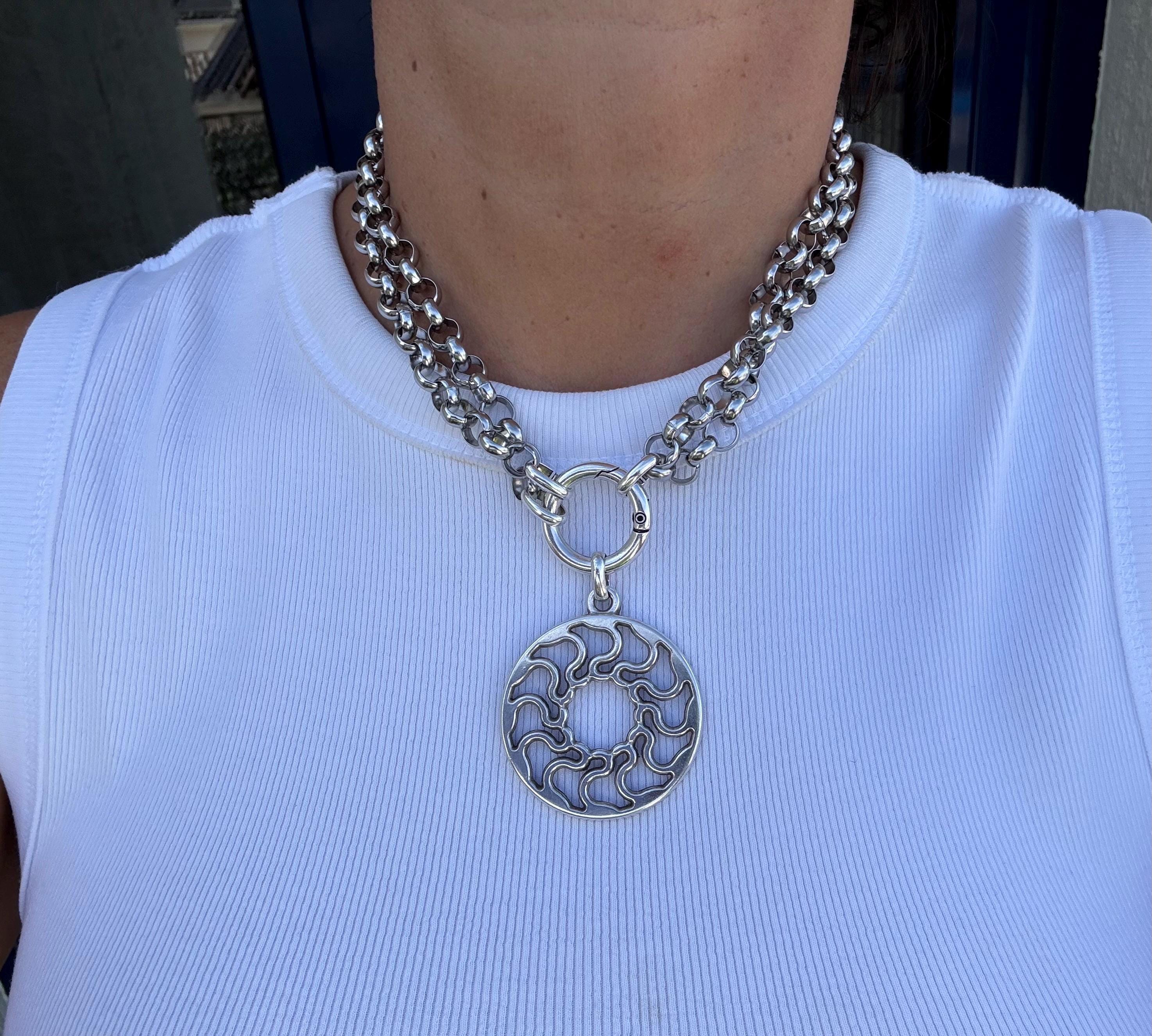 Versatile Multi-Position curved Mandala Pendant Necklace – Chunky Rolo Chain – Antique Silver Finish – Handmade Kukuri Jewelry