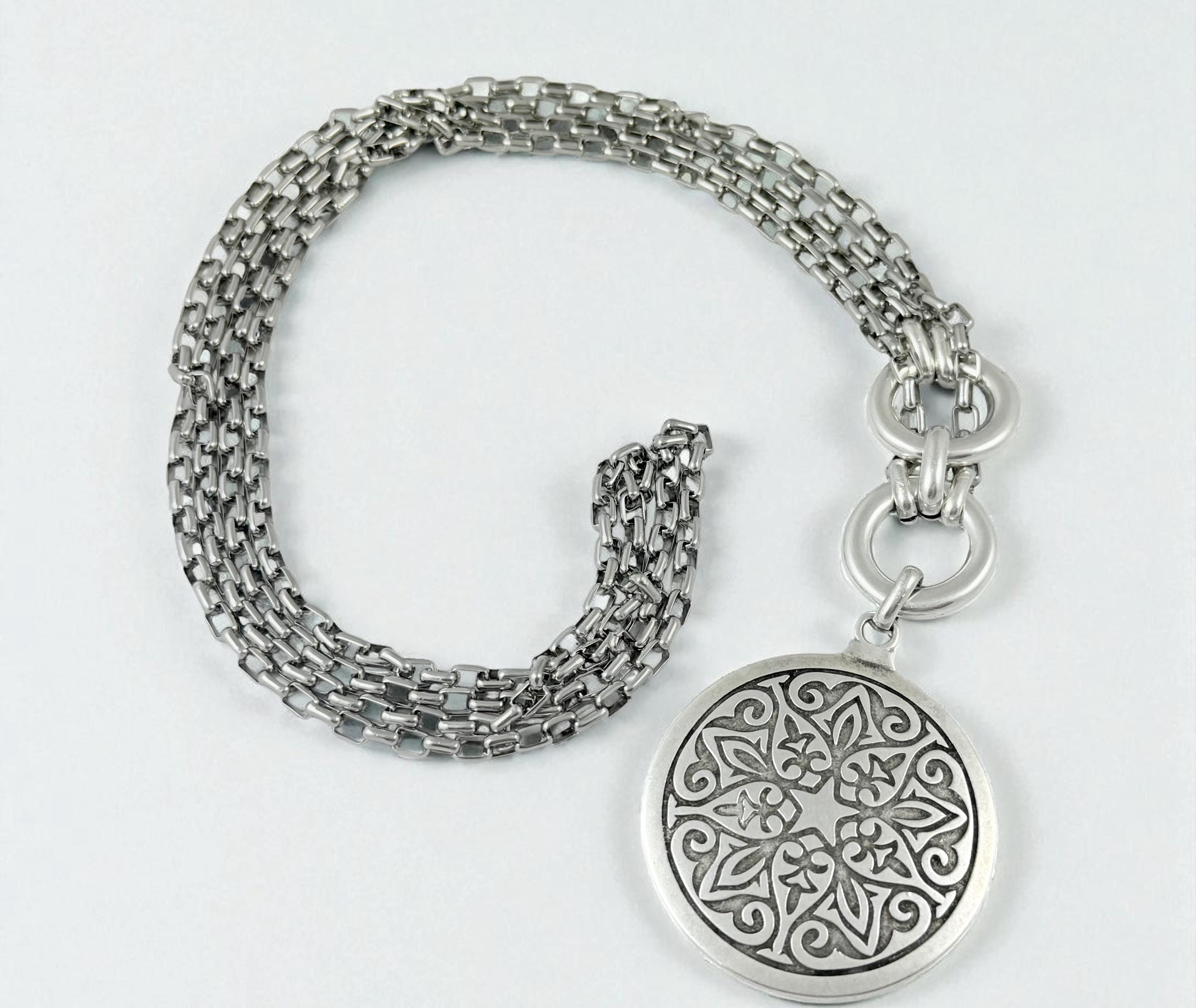 Versatile Multi-Position Mandala Pendant Necklace – Chunky Rolo Chain – Antique Silver Finish – Handmade Kukuri Jewelry