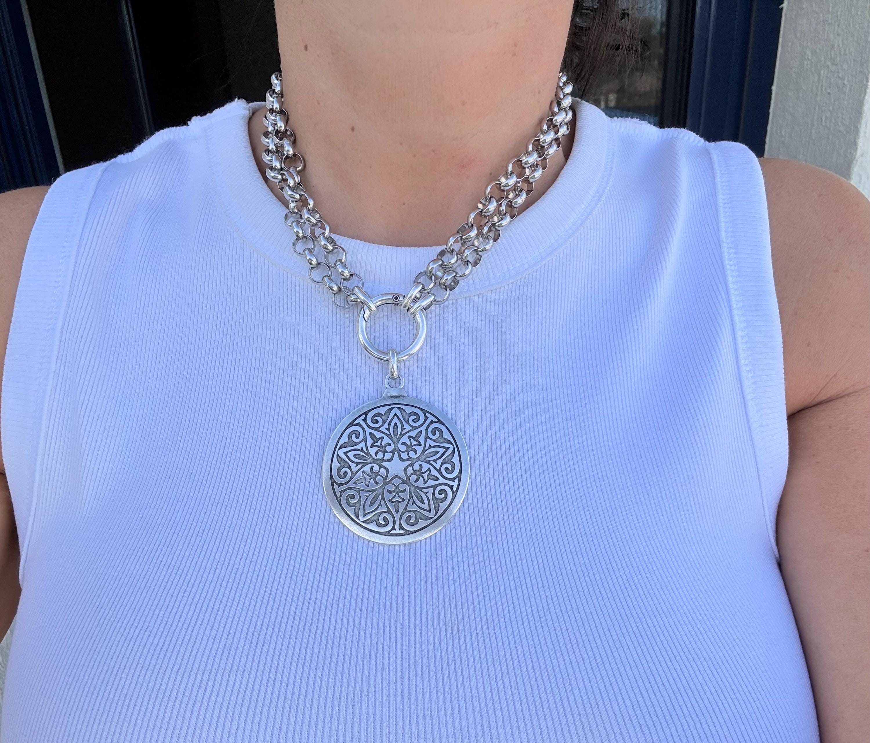 Versatile Multi-Position Mandala Pendant Necklace – Chunky Rolo Chain – Antique Silver Finish – Handmade Kukuri Jewelry