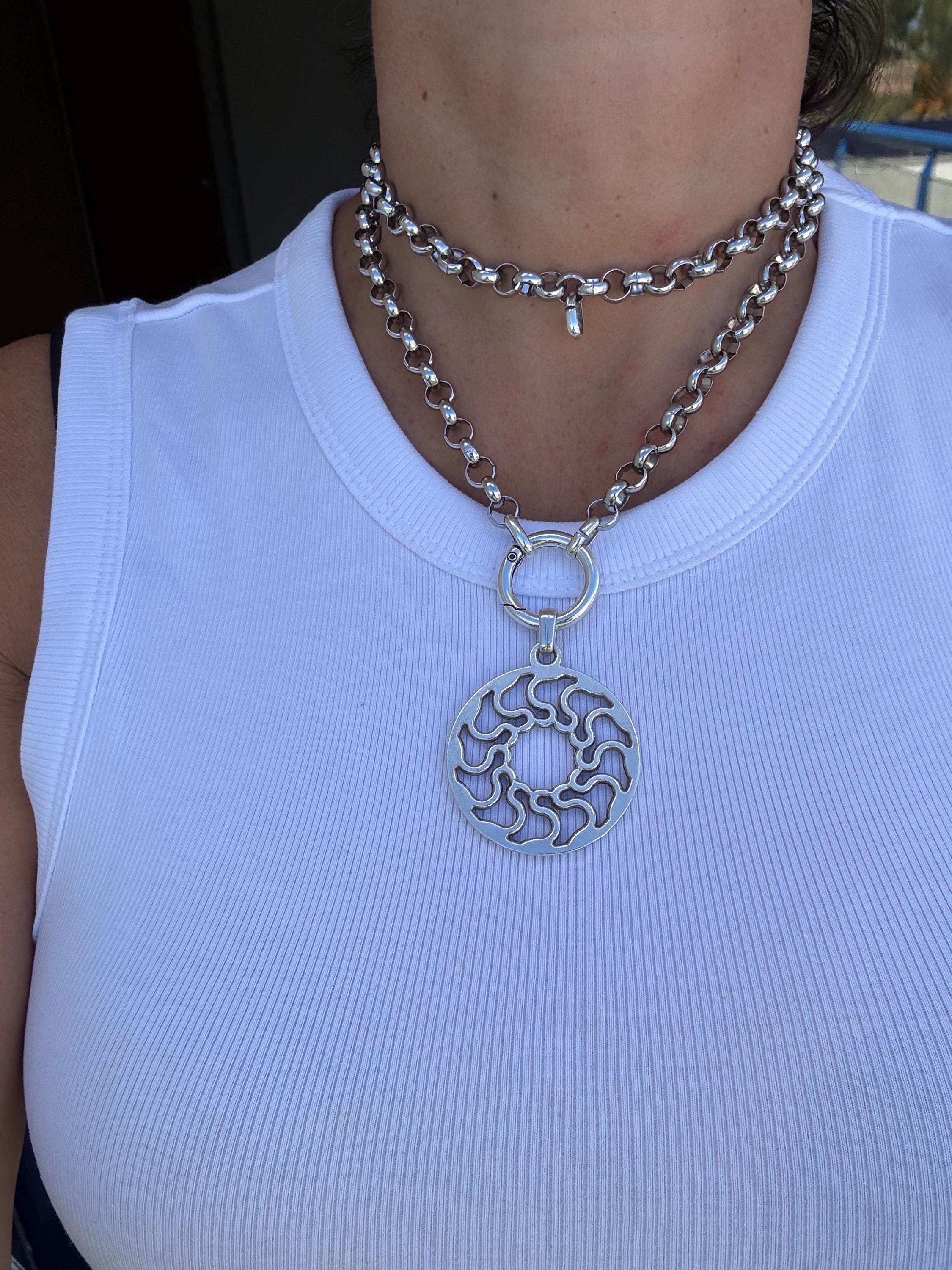 Versatile Multi-Position curved Mandala Pendant Necklace – Chunky Rolo Chain – Antique Silver Finish – Handmade Kukuri Jewelry