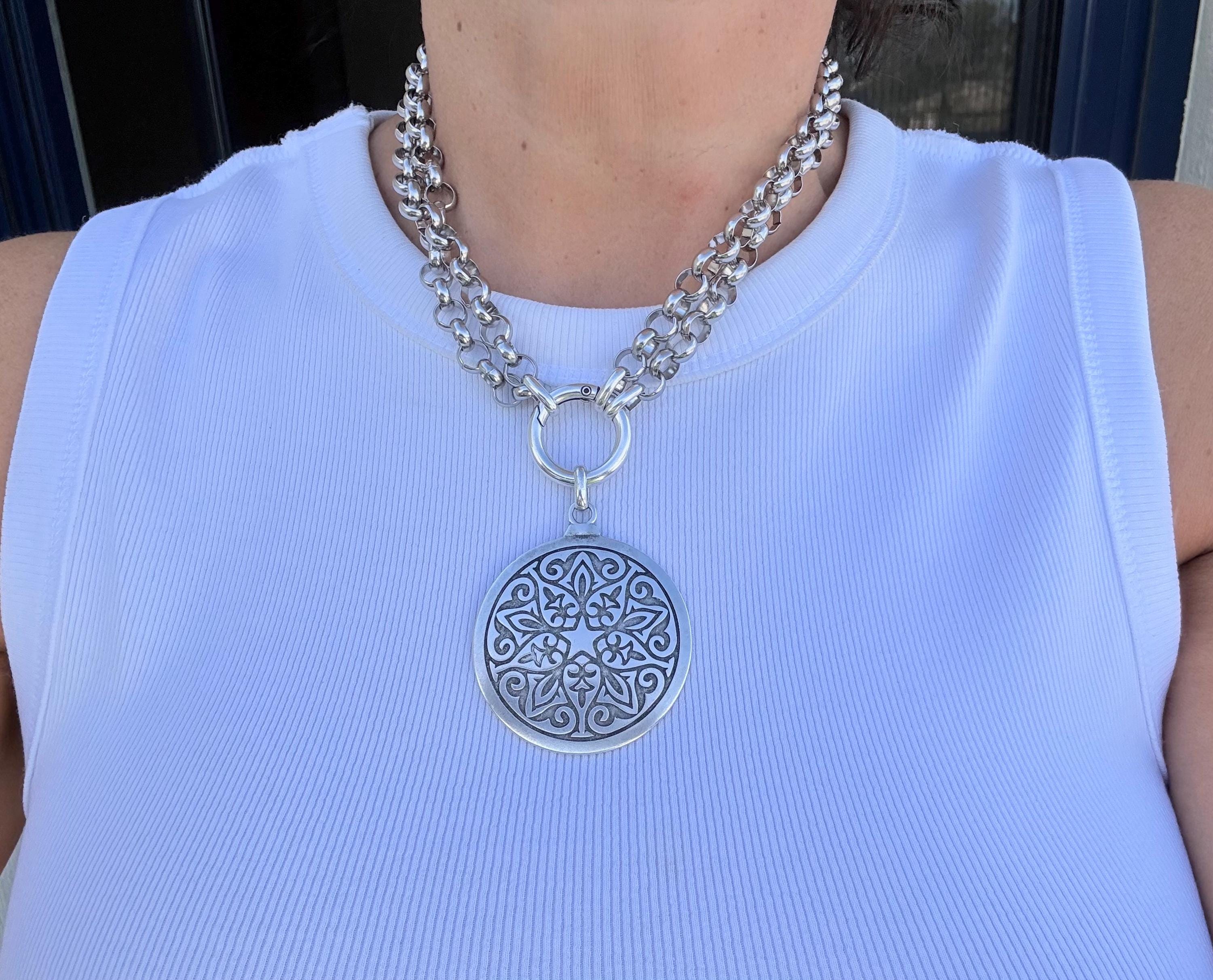 Versatile Multi-Position Mandala Pendant Necklace – Chunky Rolo Chain – Antique Silver Finish – Handmade Kukuri Jewelry