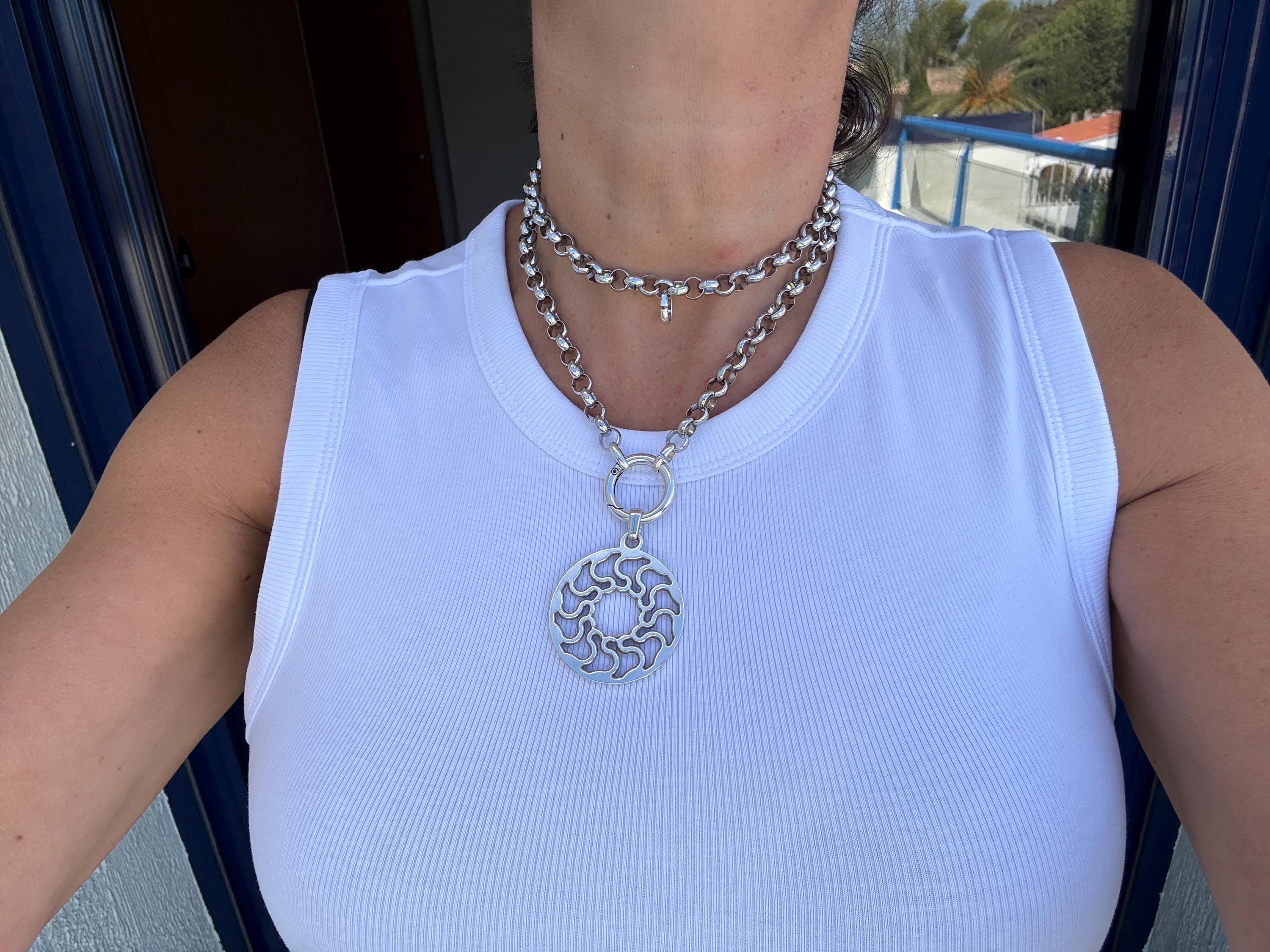 Versatile Multi-Position curved Mandala Pendant Necklace – Chunky Rolo Chain – Antique Silver Finish – Handmade Kukuri Jewelry