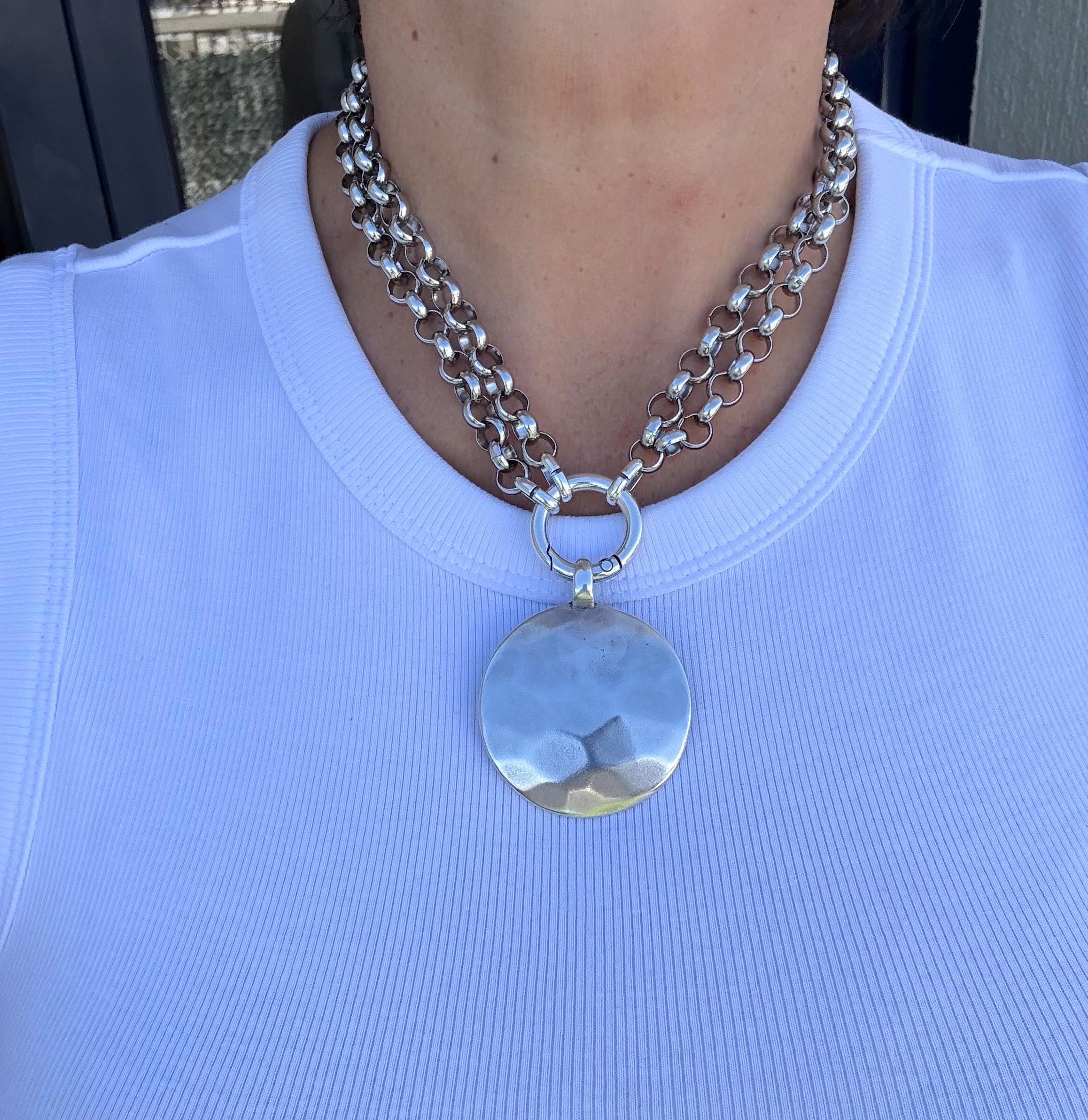 Multi-Position circle hammered Pendant Necklace – Chunky Rolo Chain – Antique Silver Finish – Handmade Kukuri Jewelry