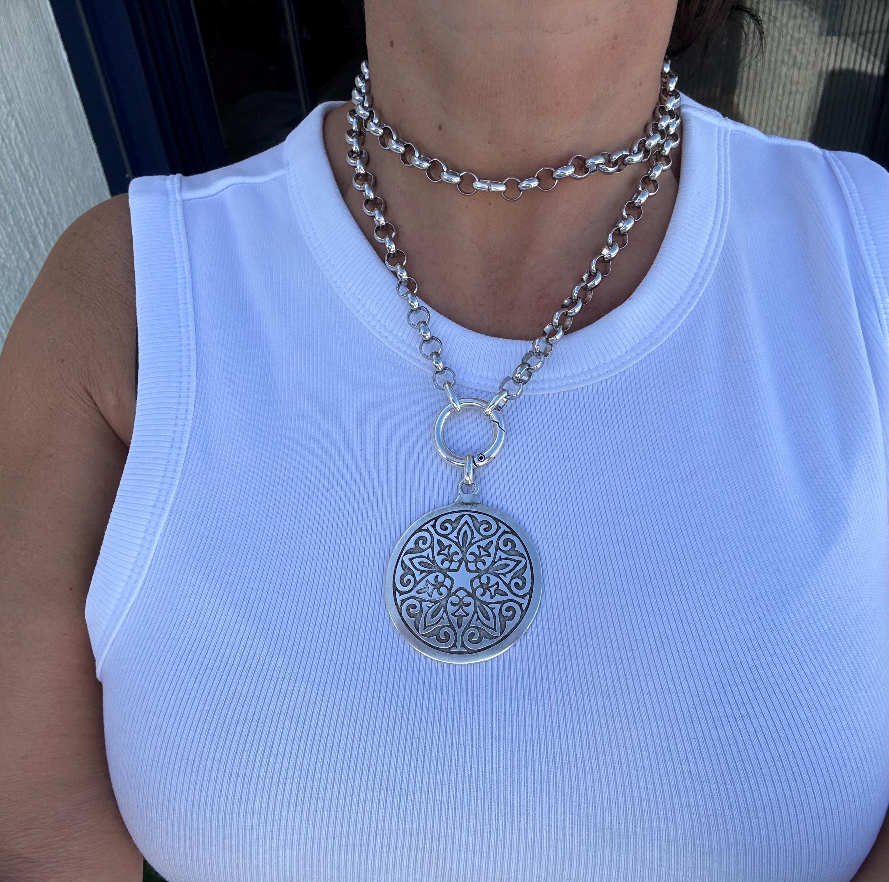 Versatile Multi-Position Mandala Pendant Necklace – Chunky Rolo Chain – Antique Silver Finish – Handmade Kukuri Jewelry