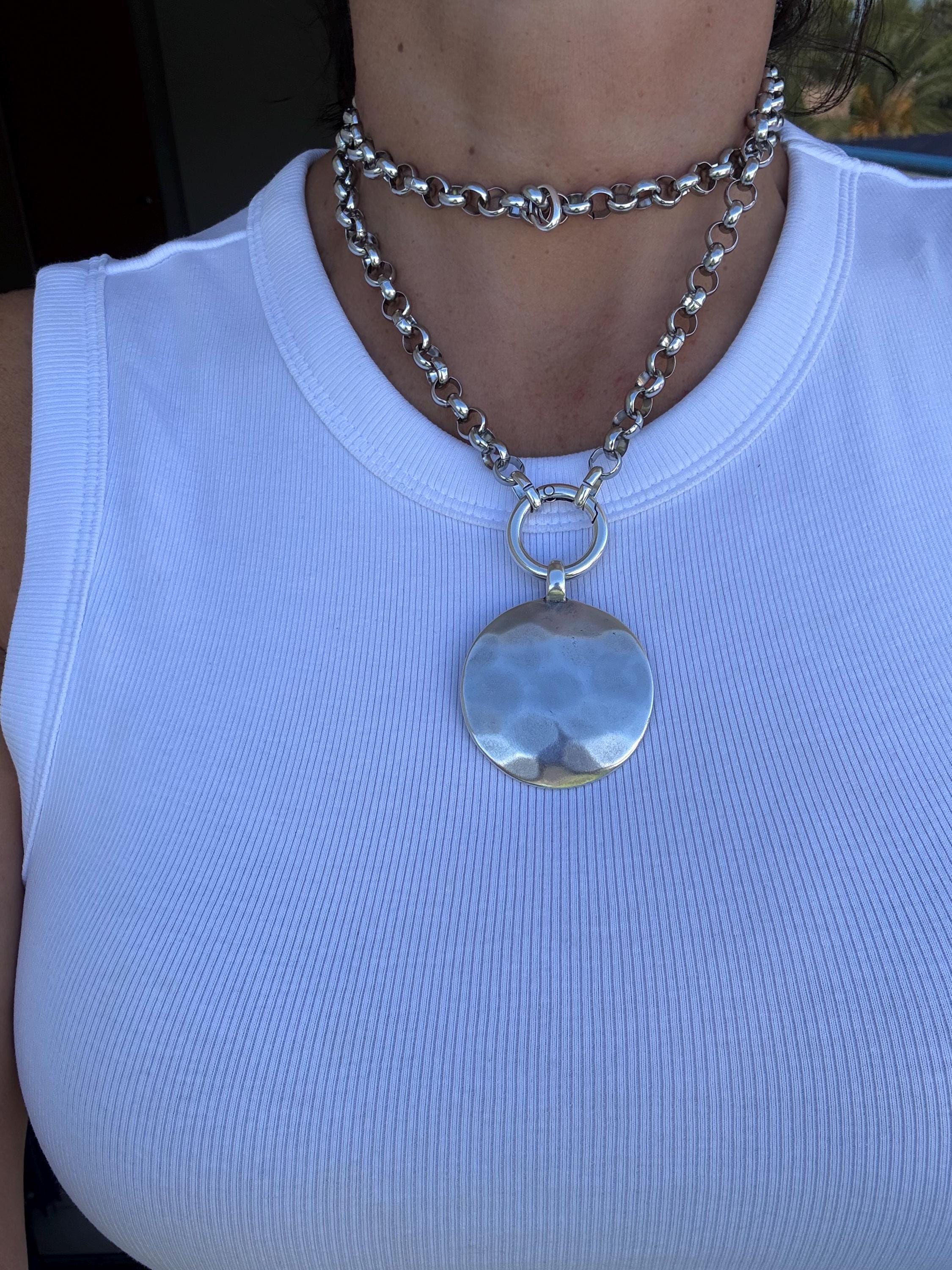 Multi-Position circle hammered Pendant Necklace – Chunky Rolo Chain – Antique Silver Finish – Handmade Kukuri Jewelry