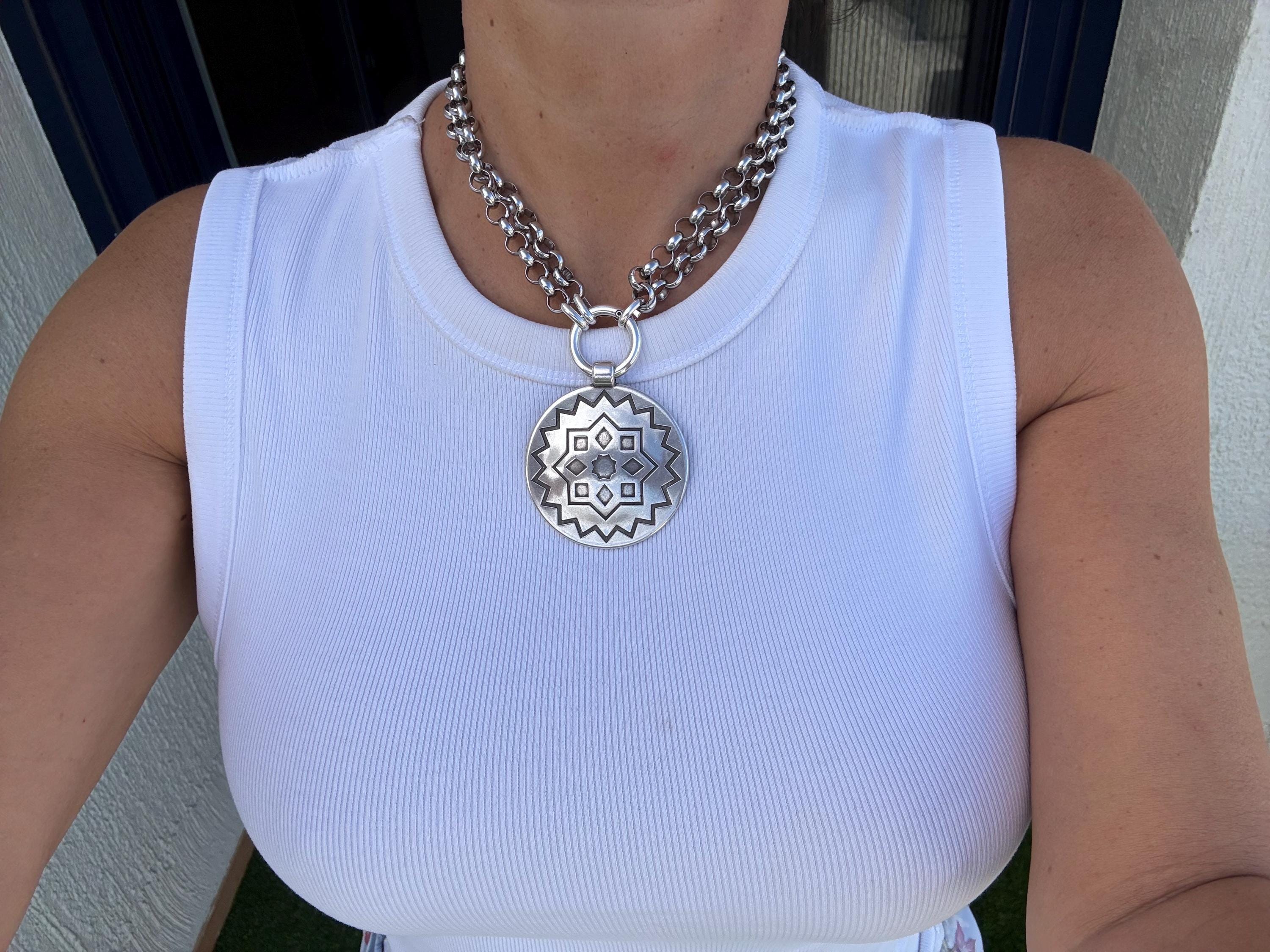 Multi-Position engraved circle Pendant Necklace – Chunky Rolo Chain – Antique Silver Finish – Handmade Kukuri Jewelry