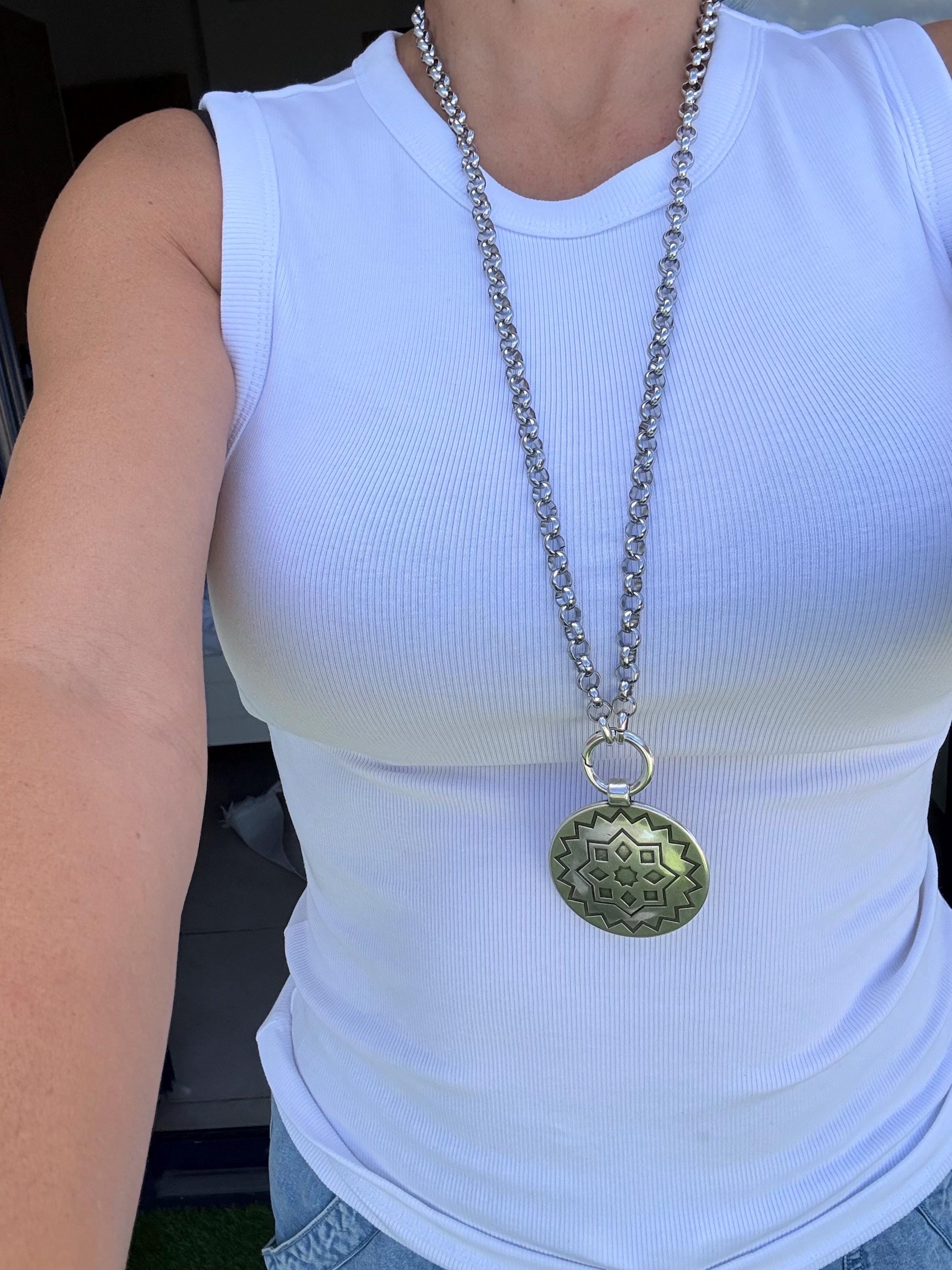 Multi-Position engraved circle Pendant Necklace – Chunky Rolo Chain – Antique Silver Finish – Handmade Kukuri Jewelry