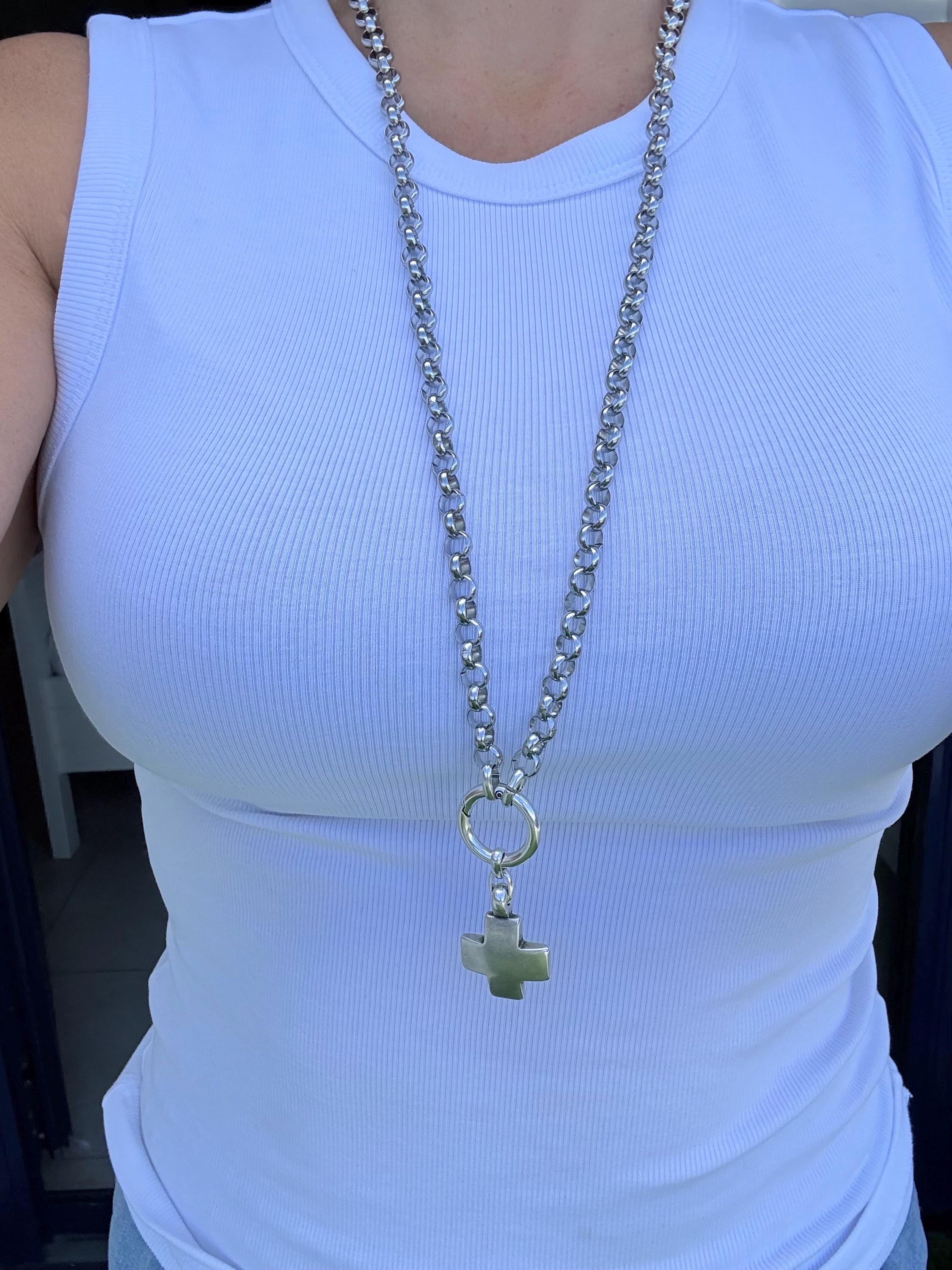 Multi-Position Cross Pendant Necklace – Chunky Rolo Chain – Antique Silver Finish – Handmade Kukuri Jewelry