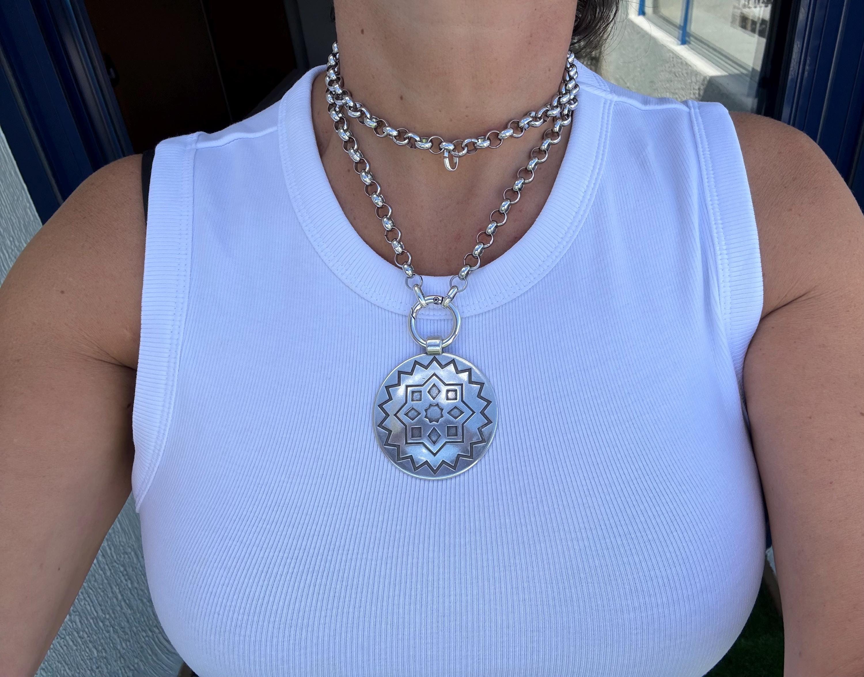 Multi-Position engraved circle Pendant Necklace – Chunky Rolo Chain – Antique Silver Finish – Handmade Kukuri Jewelry