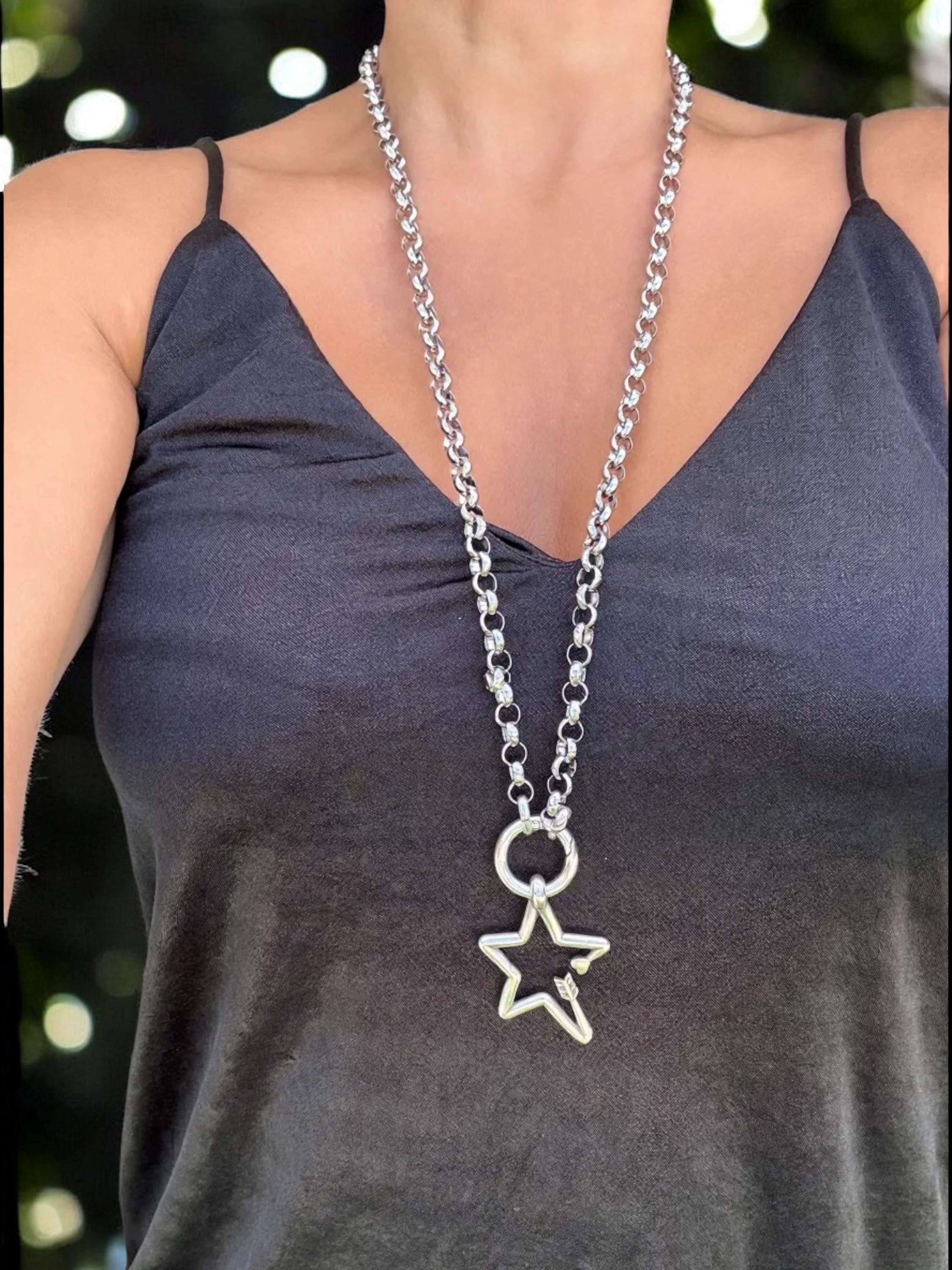 Versatile Double strand Star Arrow Pendant Necklace –long silver Chunky Rolo Chain – Antique Silver Finish – Handmade Kukuri Jewelry