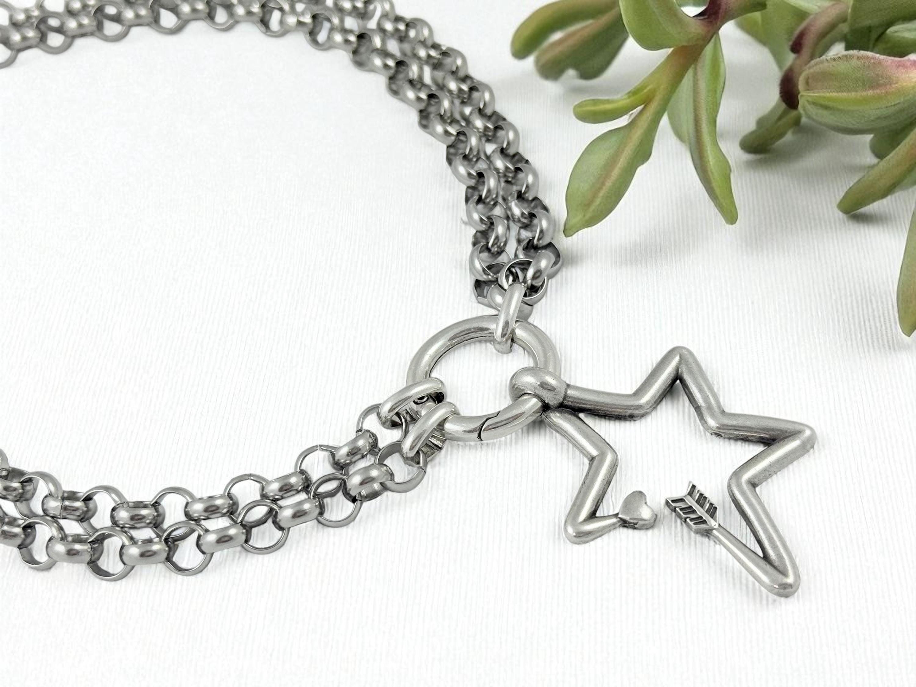 Versatile Double strand Star Arrow Pendant Necklace –long silver Chunky Rolo Chain – Antique Silver Finish – Handmade Kukuri Jewelry